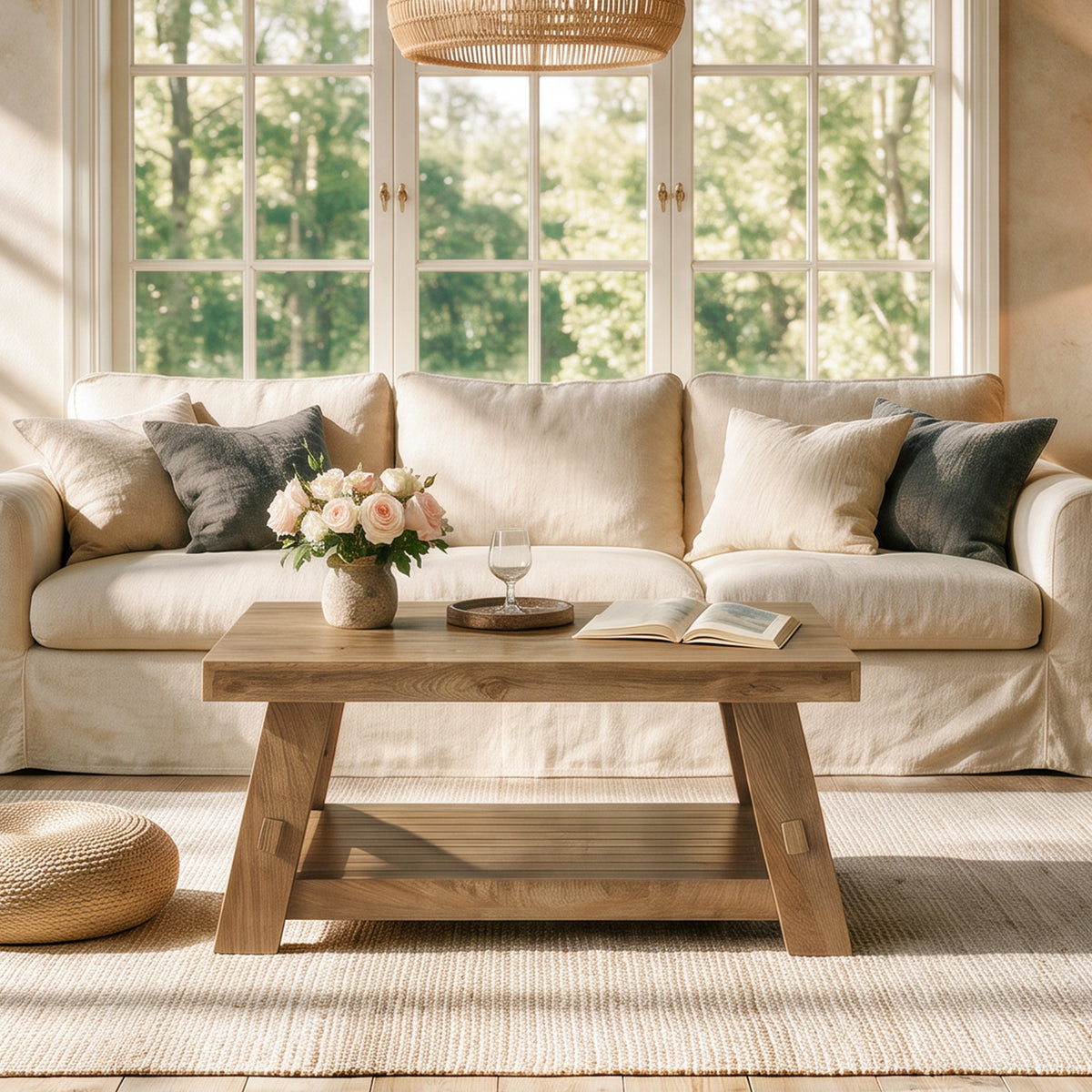 99cm Square Coffee Table, Farmhouse 2-Tier Slatted Storage Shelf