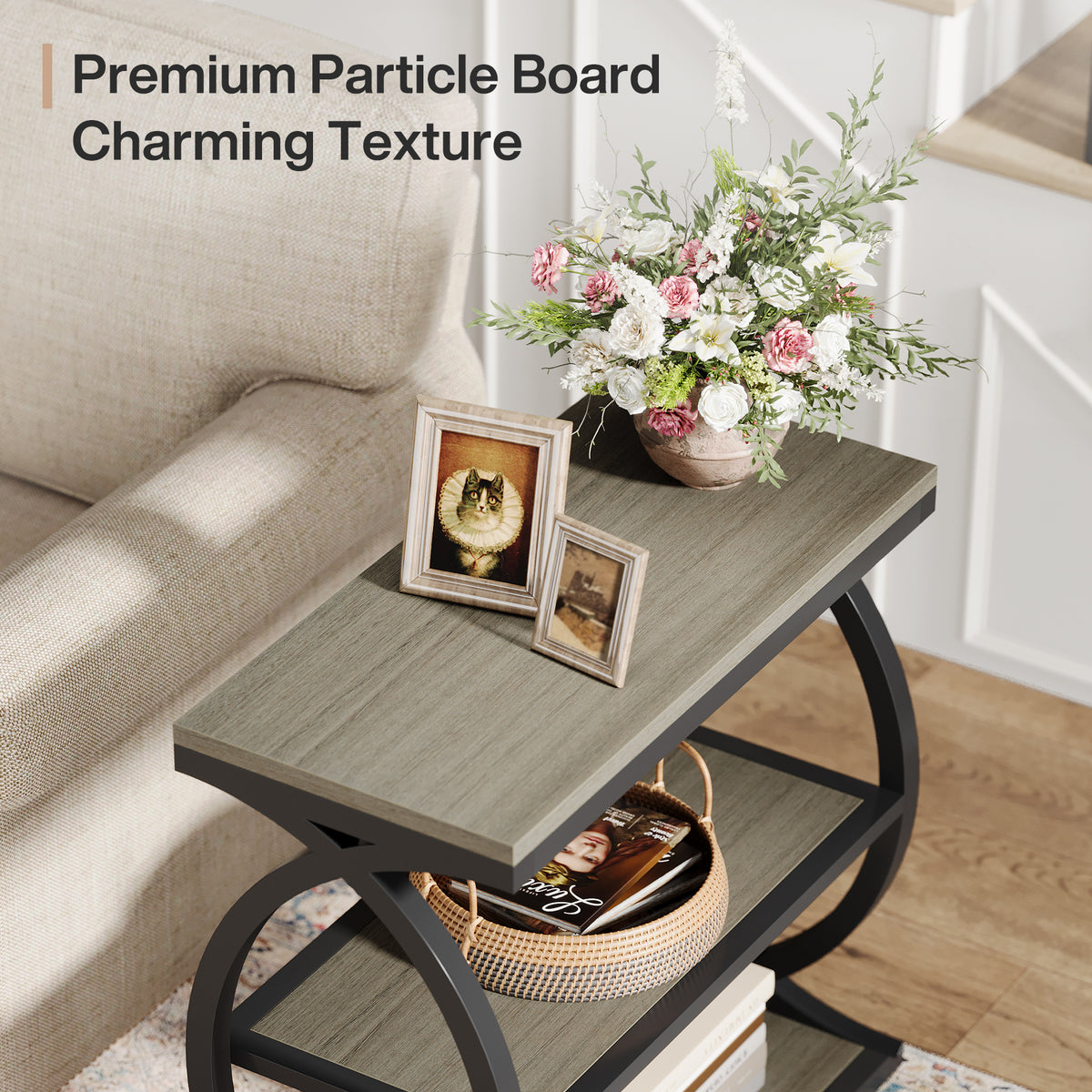 3-Tier End Table, Narrow Side Table Nightstand with Metal Frame