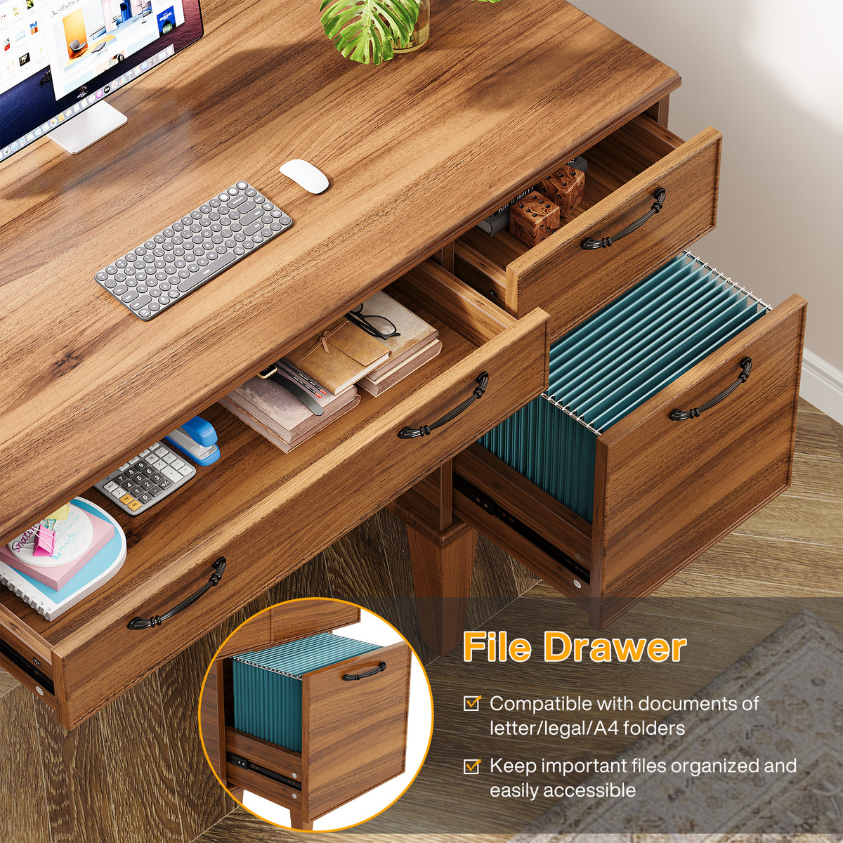 Tribesigns Computer Desk, Rustic Office Desk With File Cabinet