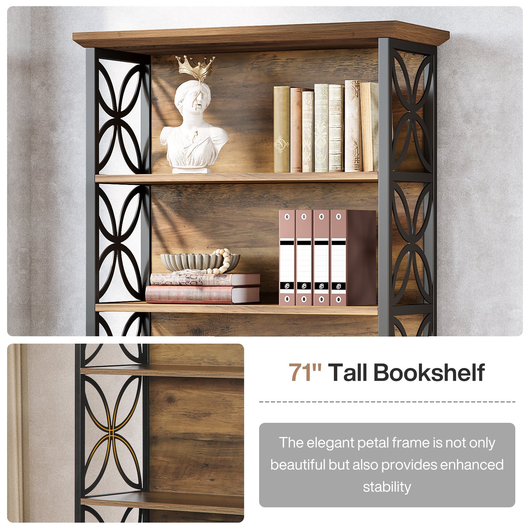 71" 6-Tier Bookshelf, Open Storage Bookcase with Metal Frame for Office