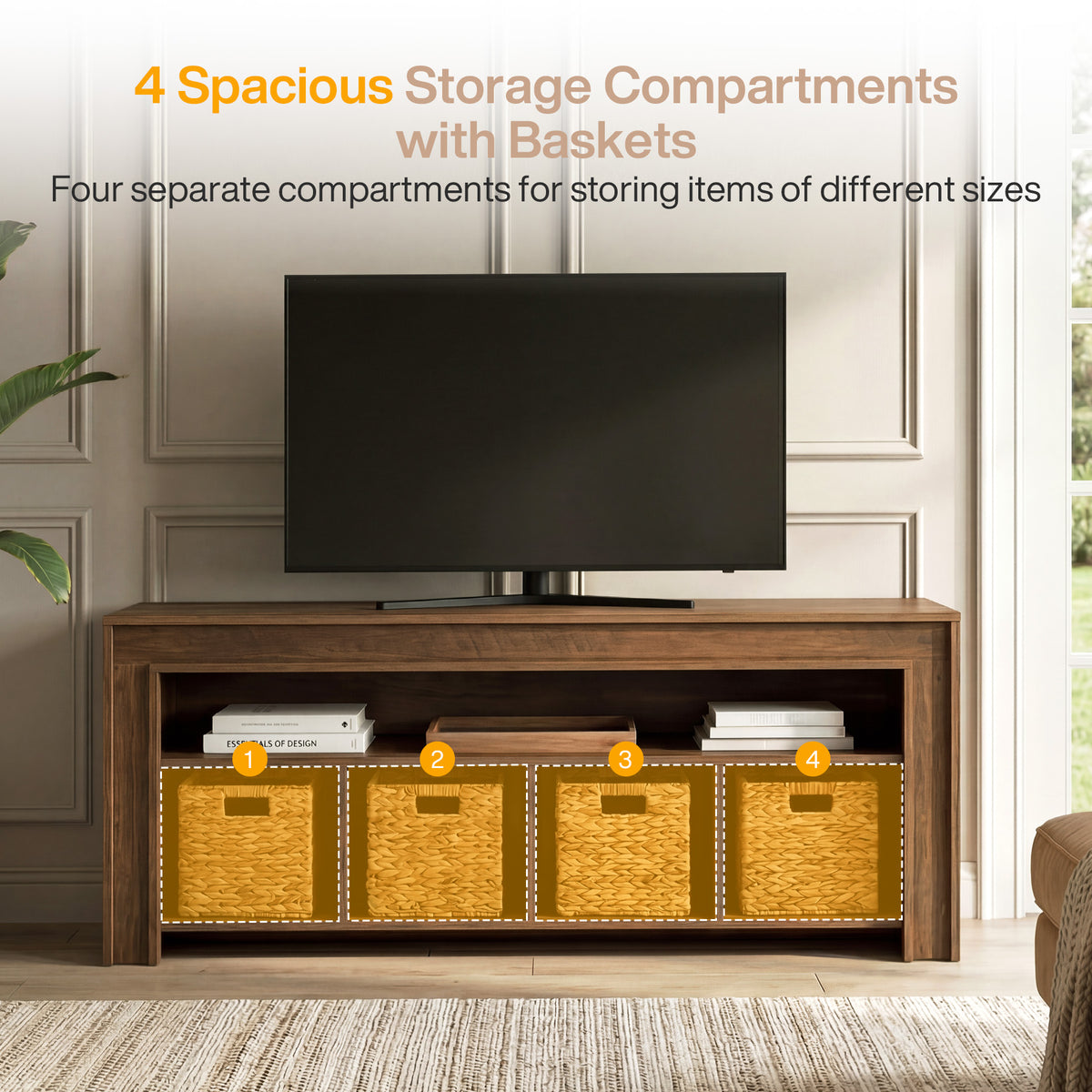 160cm Farmhouse TV Stand, Media Console with Baskets & Open Storage for 55-70" TVs