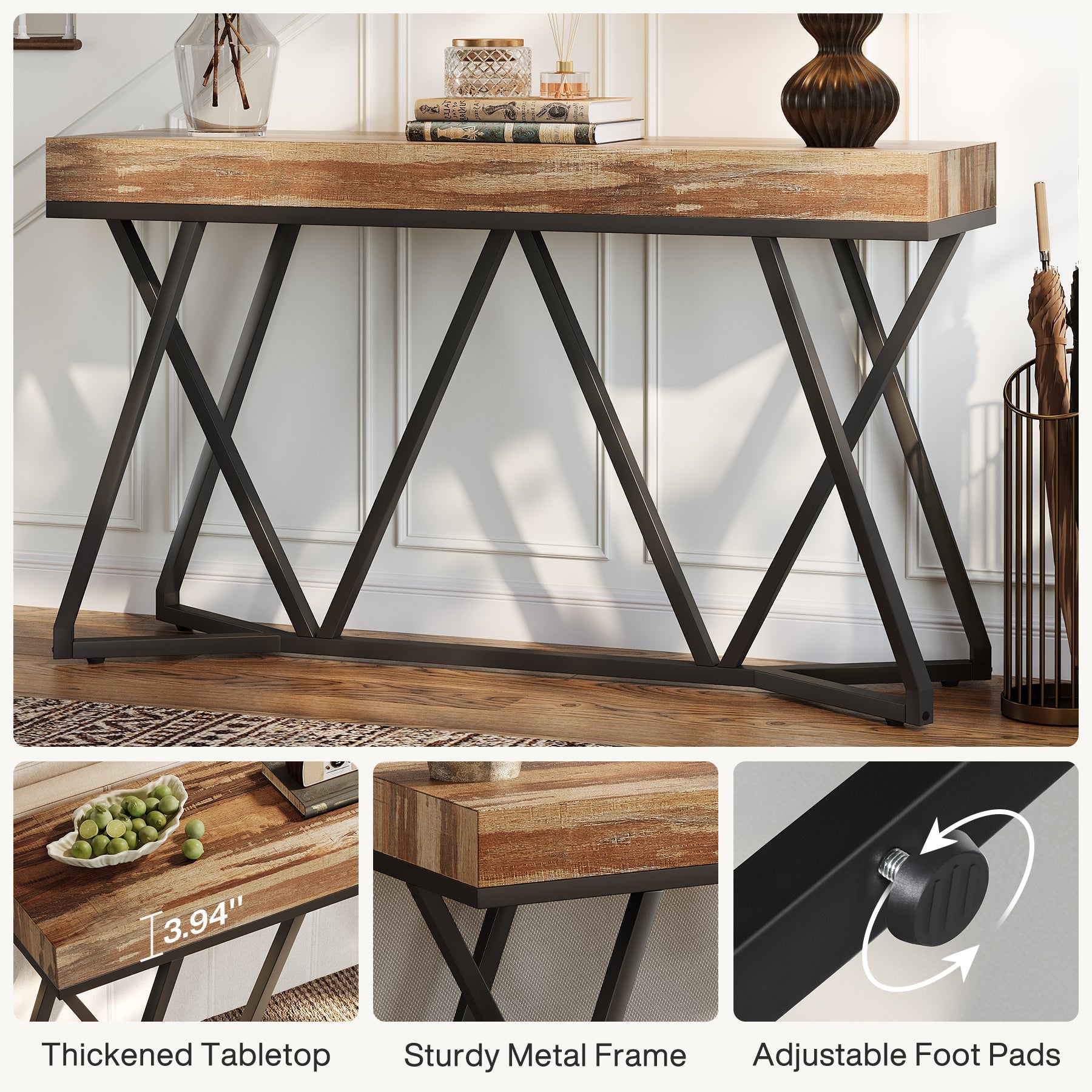 55" Farmhouse Console Table, Sofa Table Wood Entryway Table