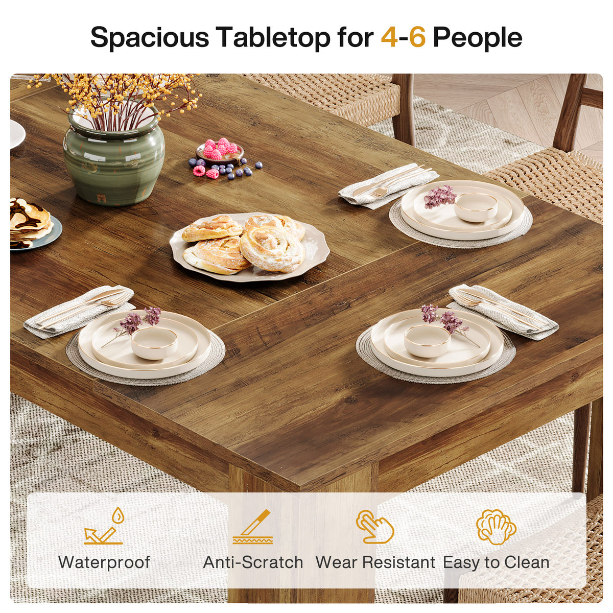 160cm Dining Table, Rustic Farmhouse Wooden Kitchen Table for 4-6