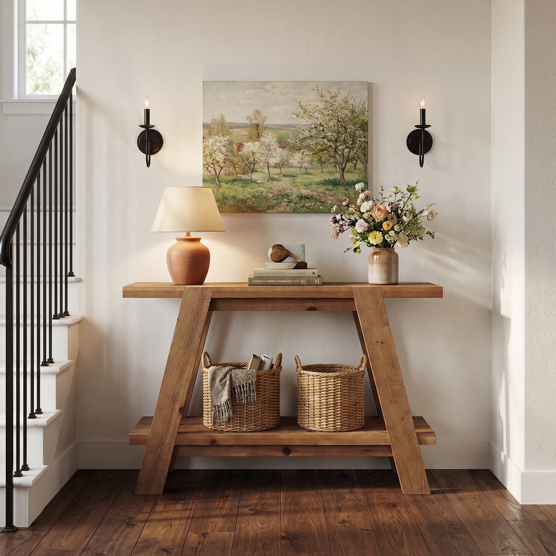 110cm Narrow Console Table, 2-Tier Solid Wood Sofa Entryway Table