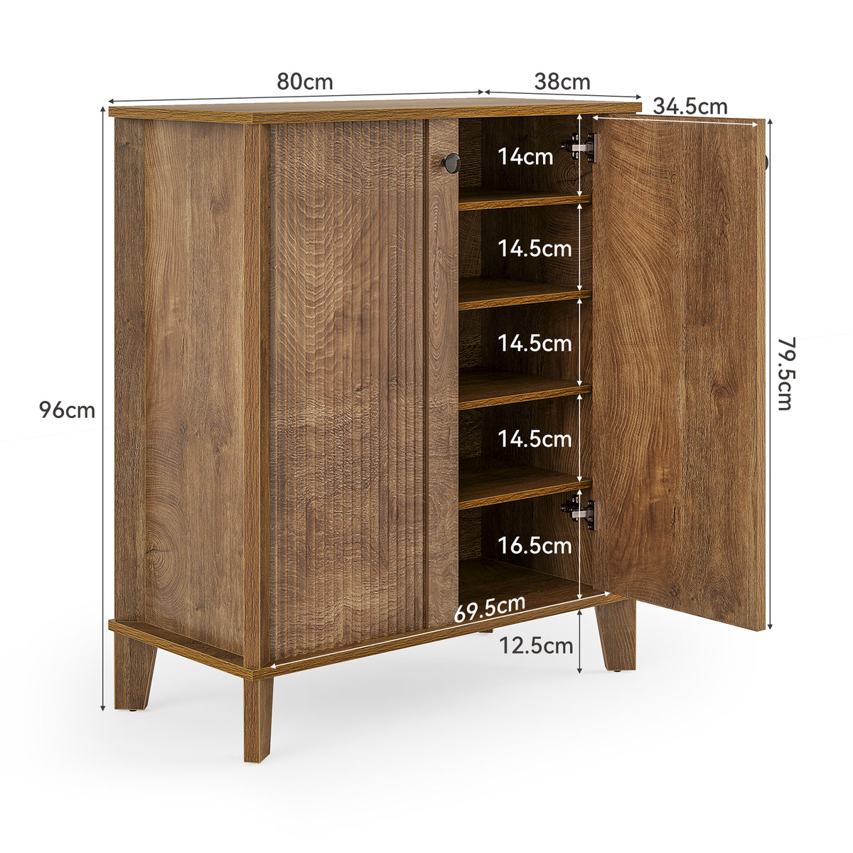 80cm Shoe Cabinet, 5-Tier Rustic Storage Organiser with Adjustable Shelves for Hallway Entryway