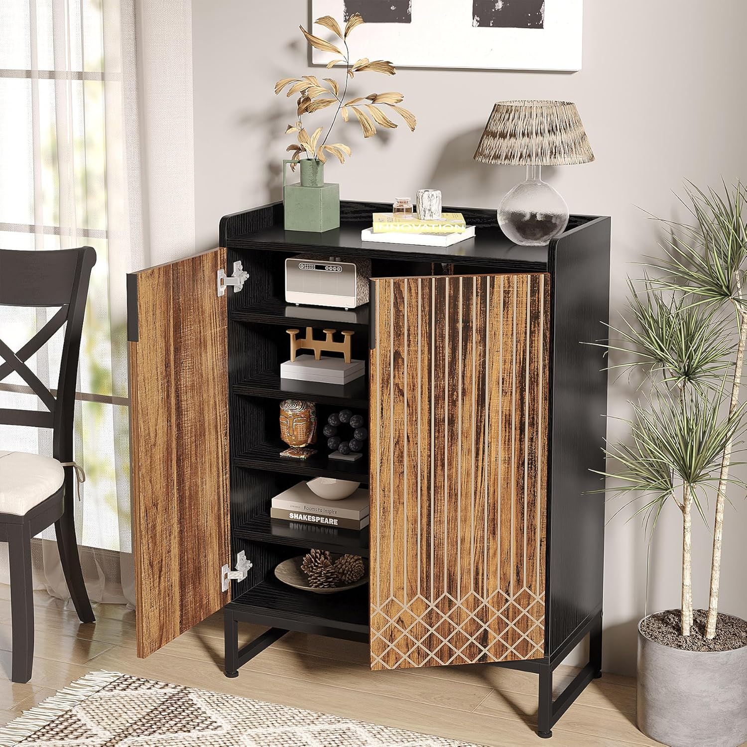 Tribesigns White 5-Tier Freestanding Wood Shoes Cabinet with Gold Metal Frame