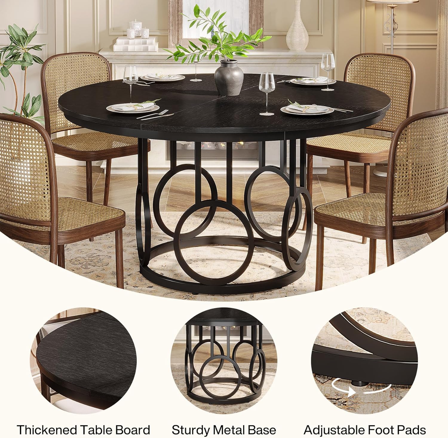 47" Wood Dining Table, Round Kitchen Table for 4-6 People