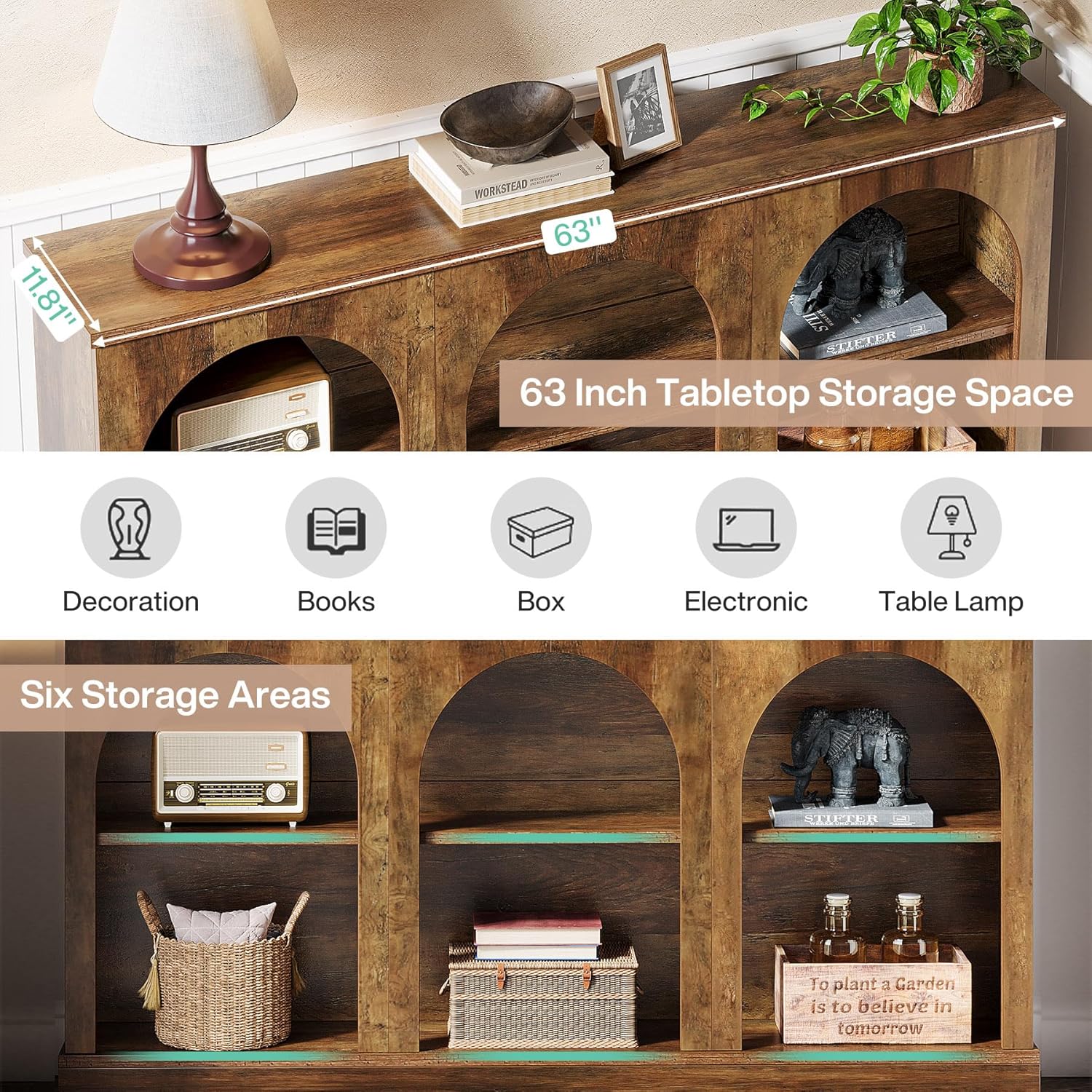 63" Farmhouse Console Table - 3-Tier Sofa Table with Storage