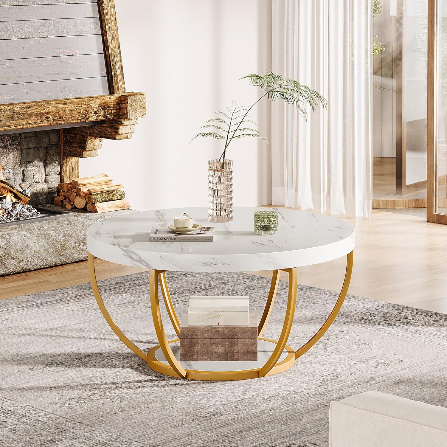 31.69" Round Wooden Coffee Table, 2-Tier Central Cocktail Table with Shelves