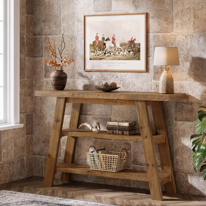 120cm Console Table, 3-Tier Solid Wood Farmhouse Entryway Table