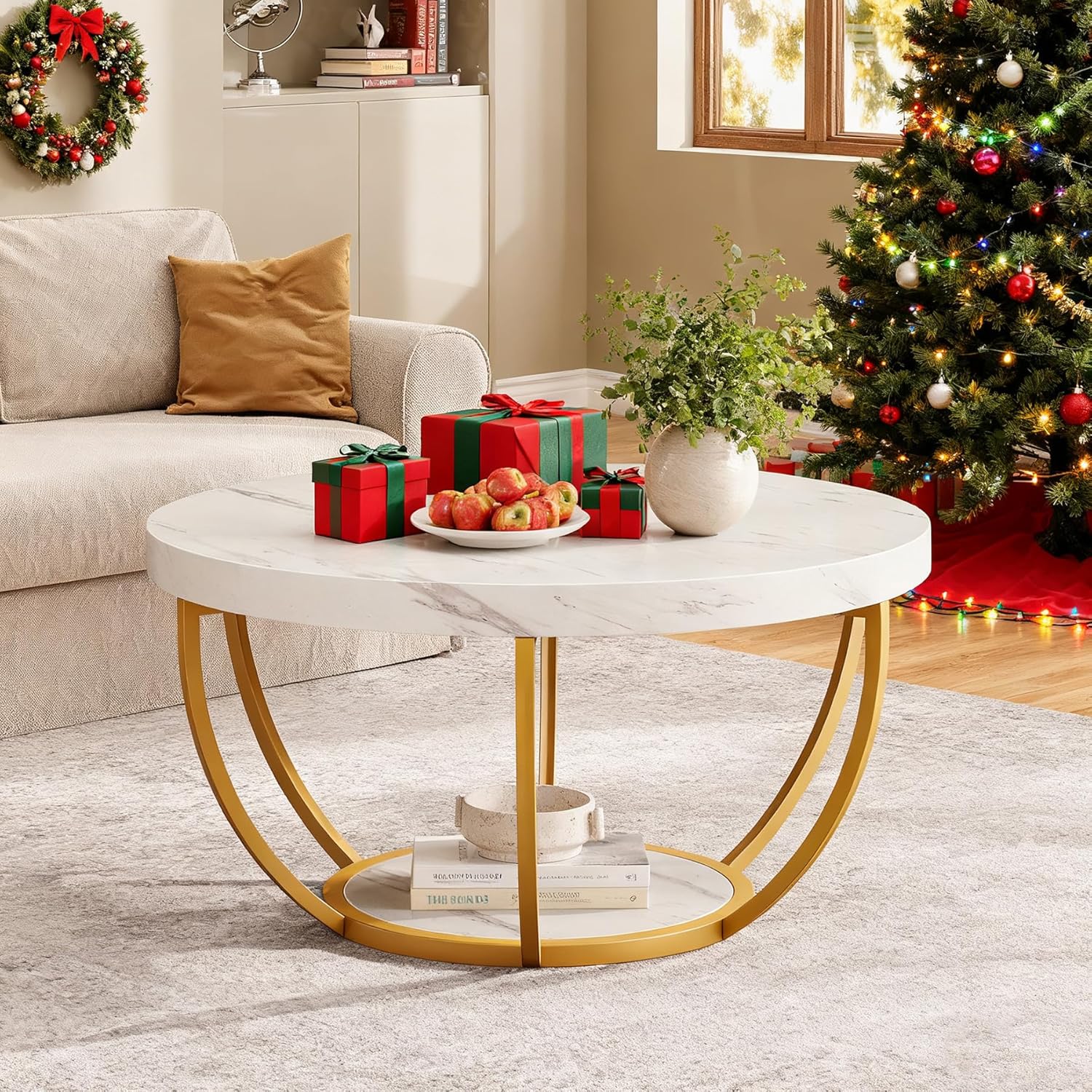 31.69" Round Wooden Coffee Table, 2-Tier Central Cocktail Table with Shelves