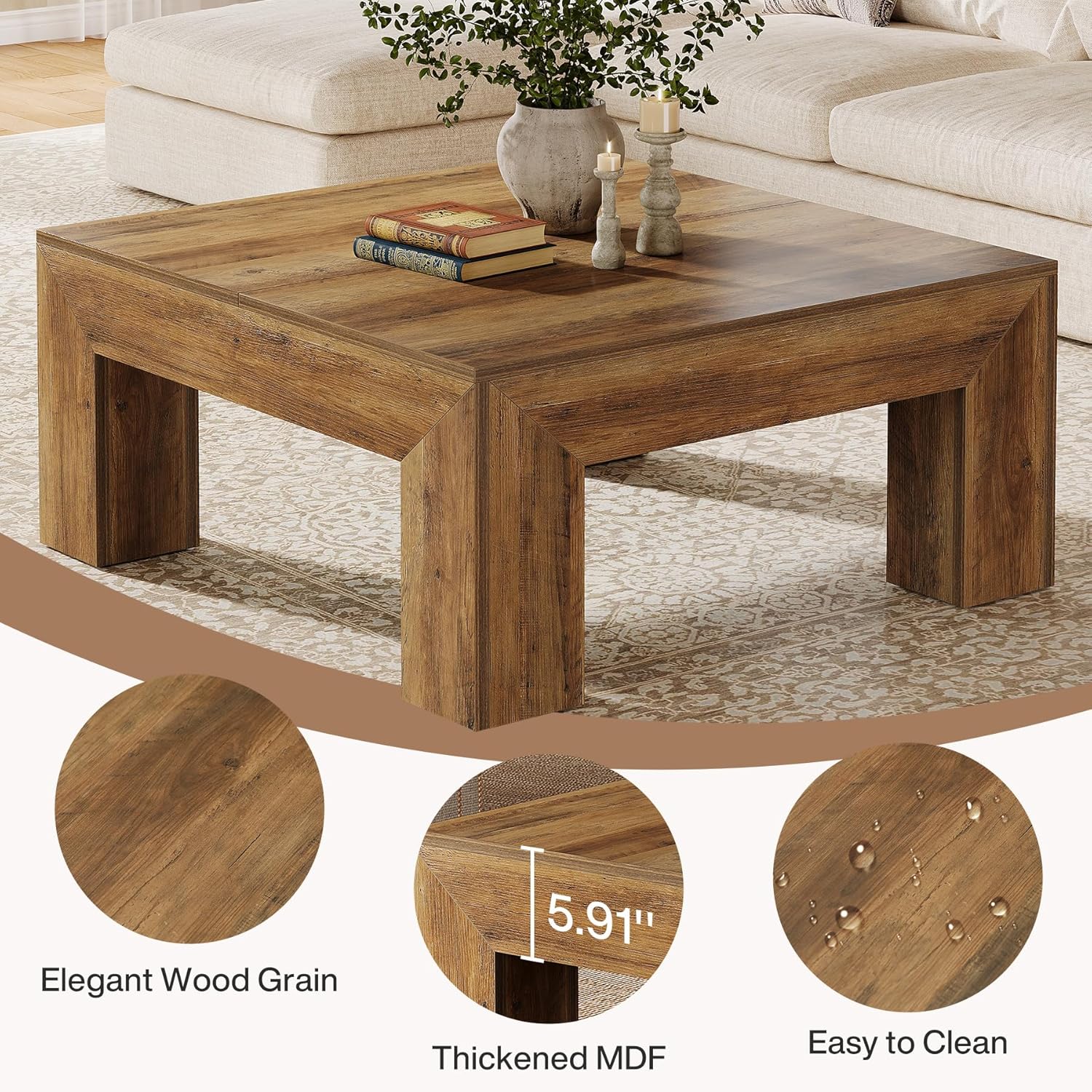 39" Square Farmhouse Coffee Table, Tea Table with Sturdy Wood Legs