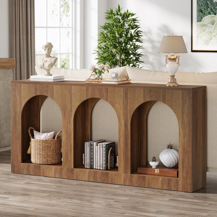 160cm Rustic Console Table, Narrow Entryway Table with 3 Arched Shelves