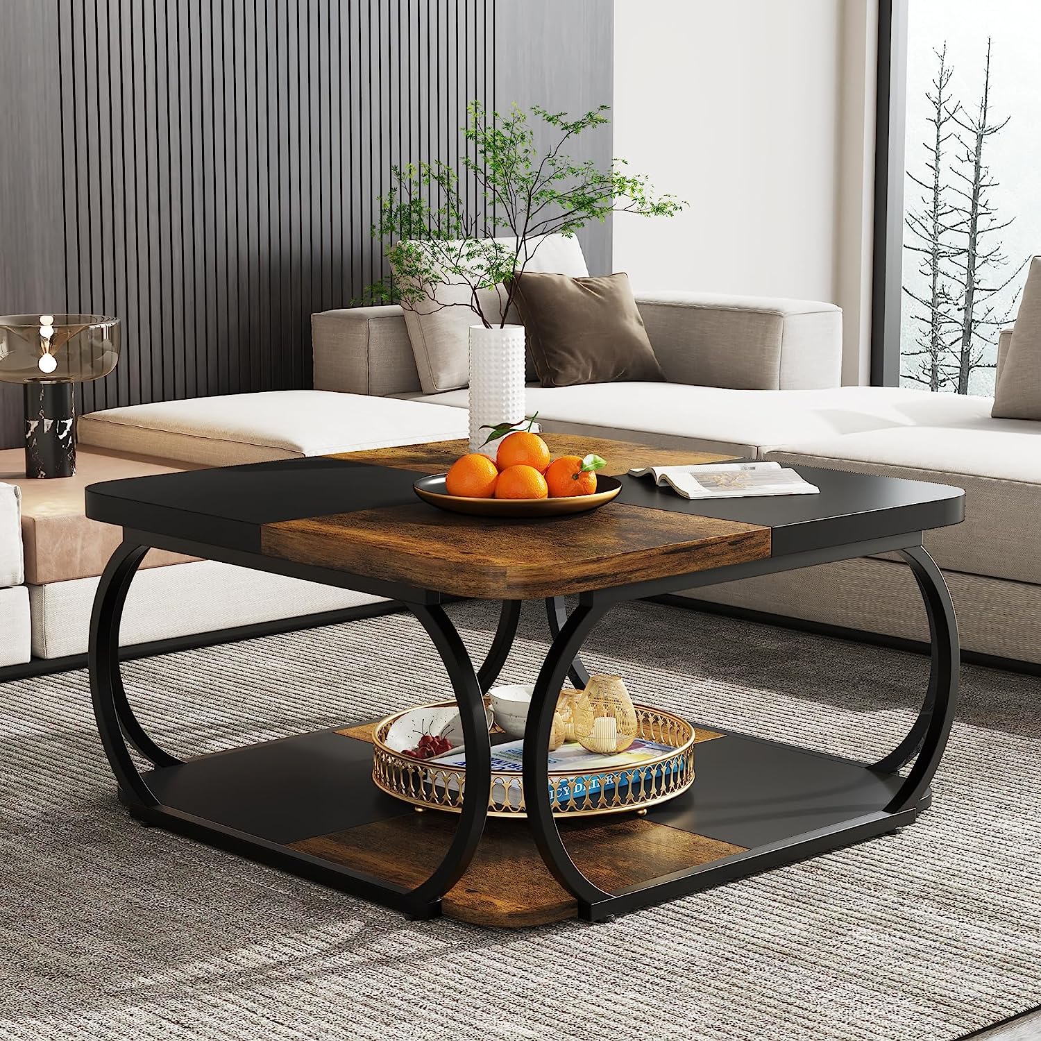 39" Square Coffee Table , Modern Central Cocktail Table with 2-Tier Storage for Living Room