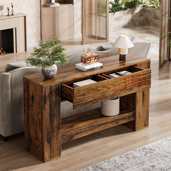 140cm Console Table, Rustic Brown 2-Drawer 2-Tier Narrow Hallway Table