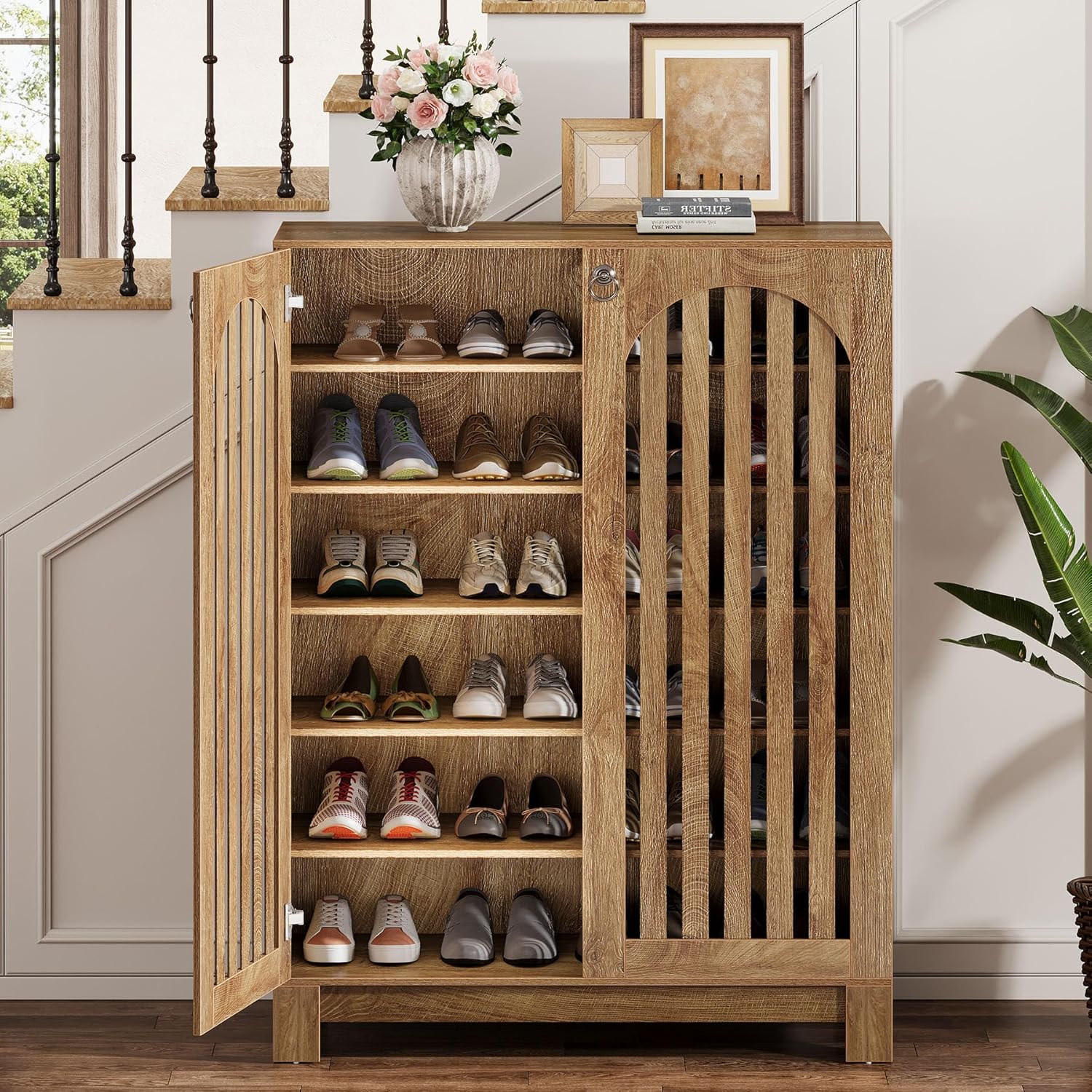 35" 6-Tier Shoe Cabinet, Wooden Shoe Rack with Airy Doors & Adjustable Shelves