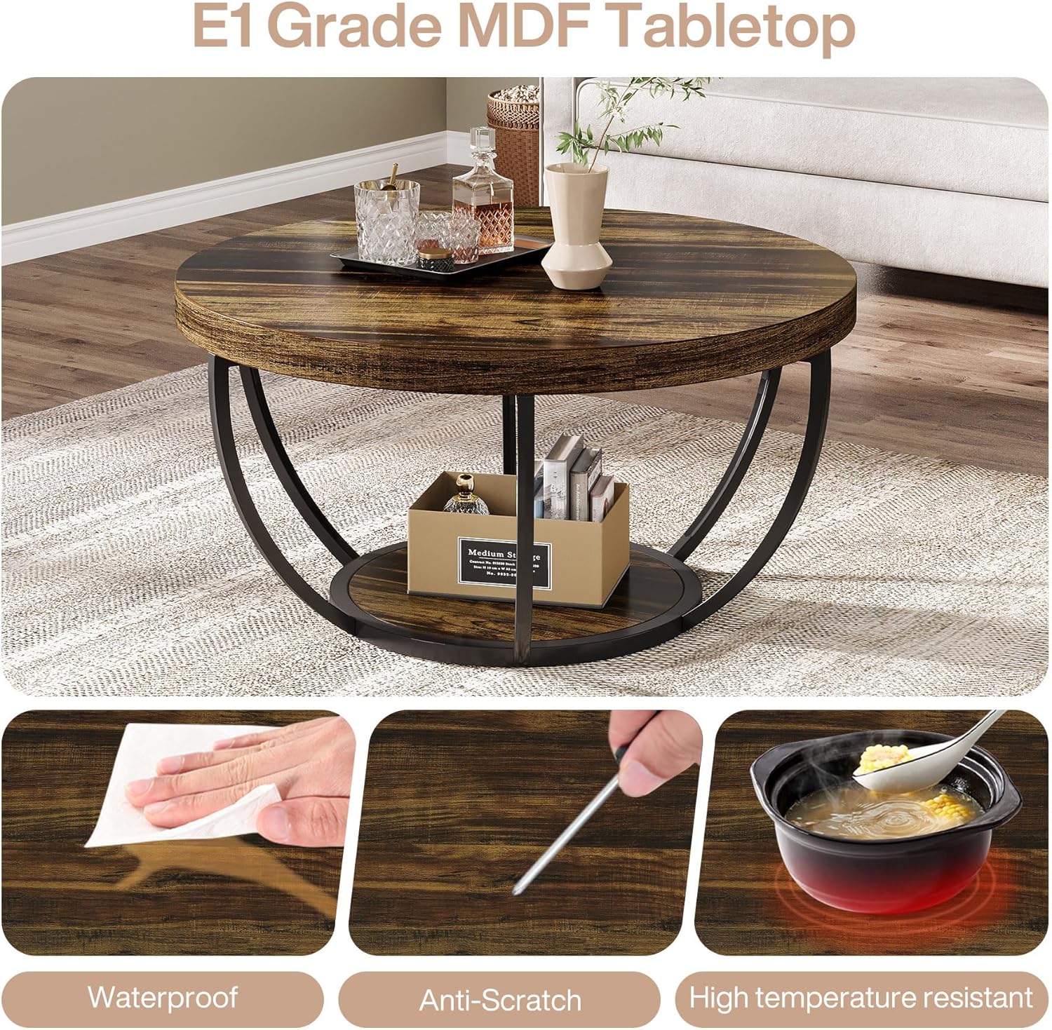 31.69" Round Wooden Coffee Table, 2-Tier Central Cocktail Table with Shelves