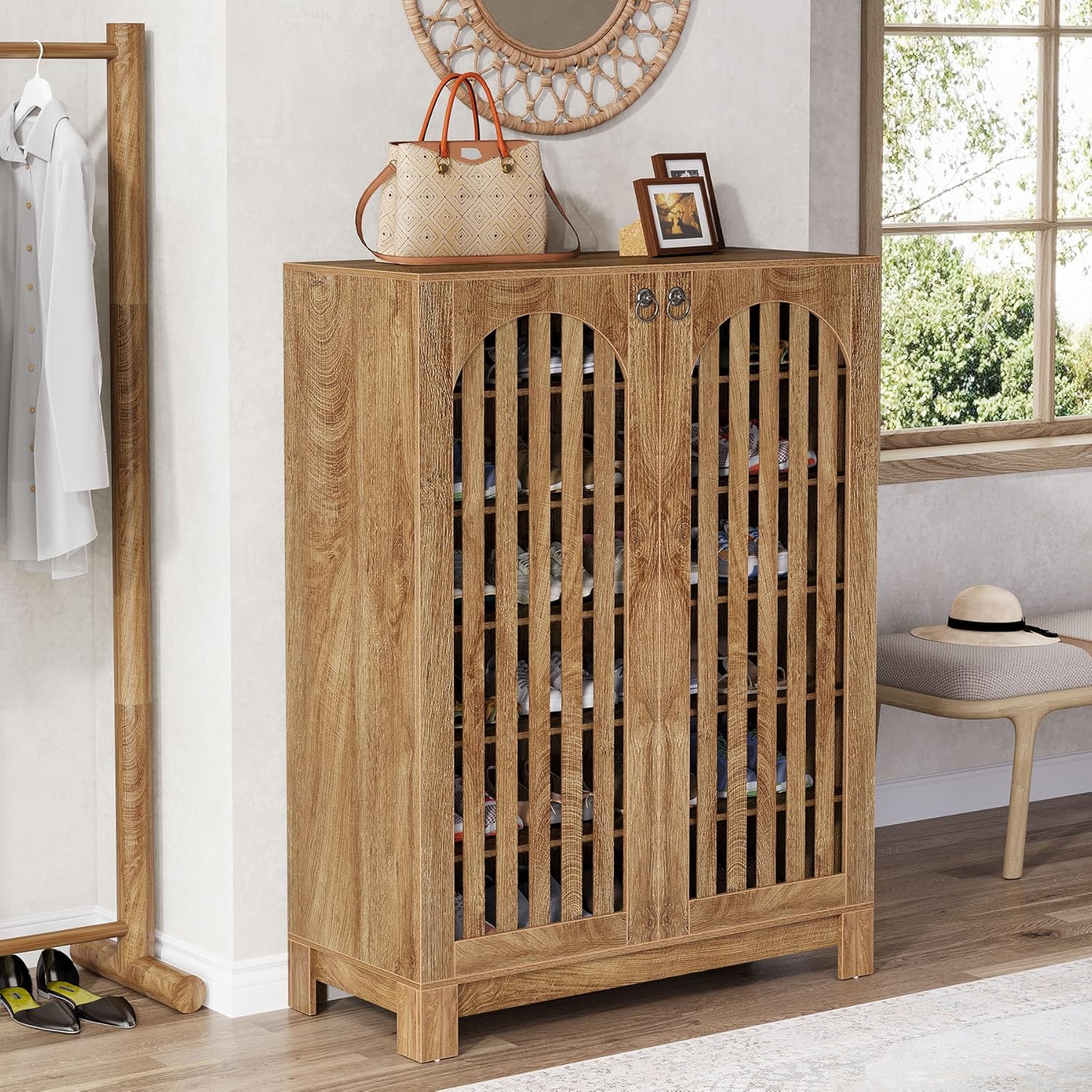 35" 6-Tier Shoe Cabinet, Wooden Shoe Rack with Airy Doors & Adjustable Shelves