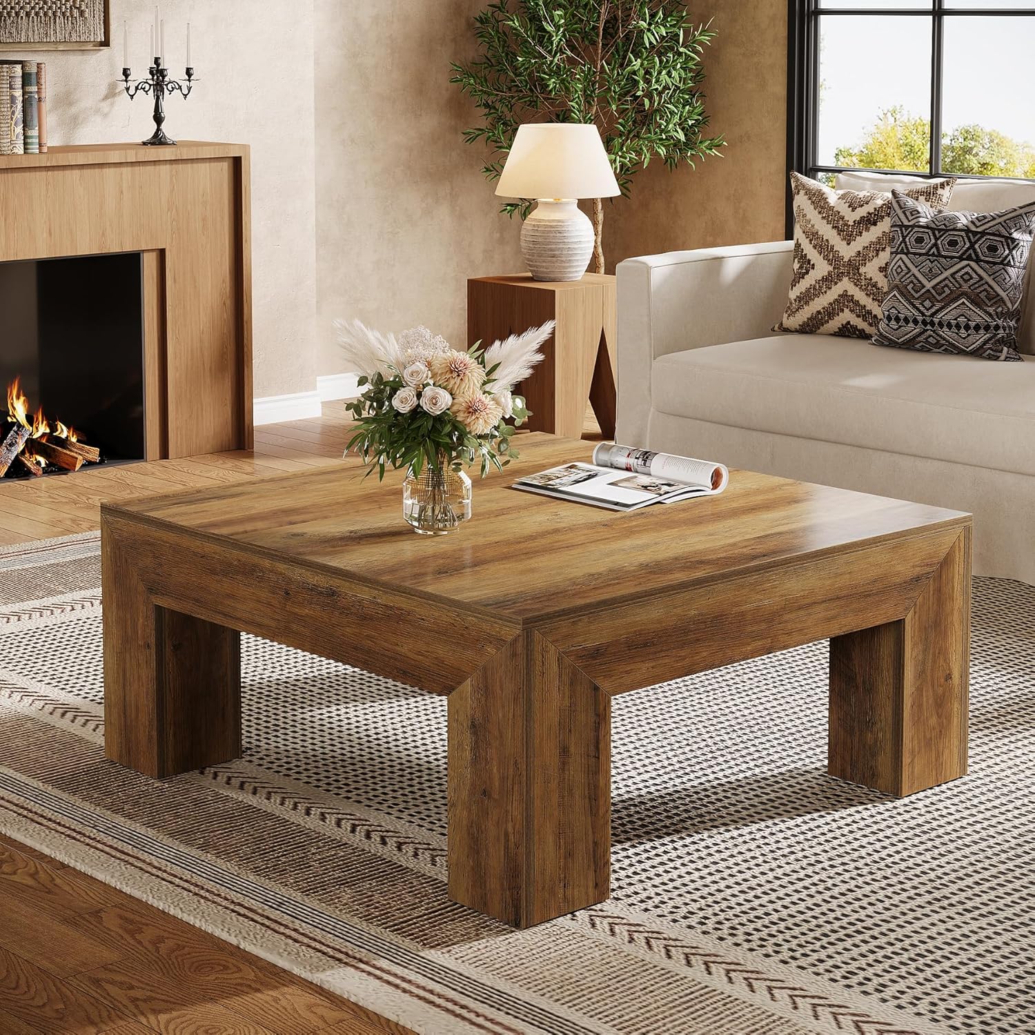 39" Square Farmhouse Coffee Table, Tea Table with Sturdy Wood Legs