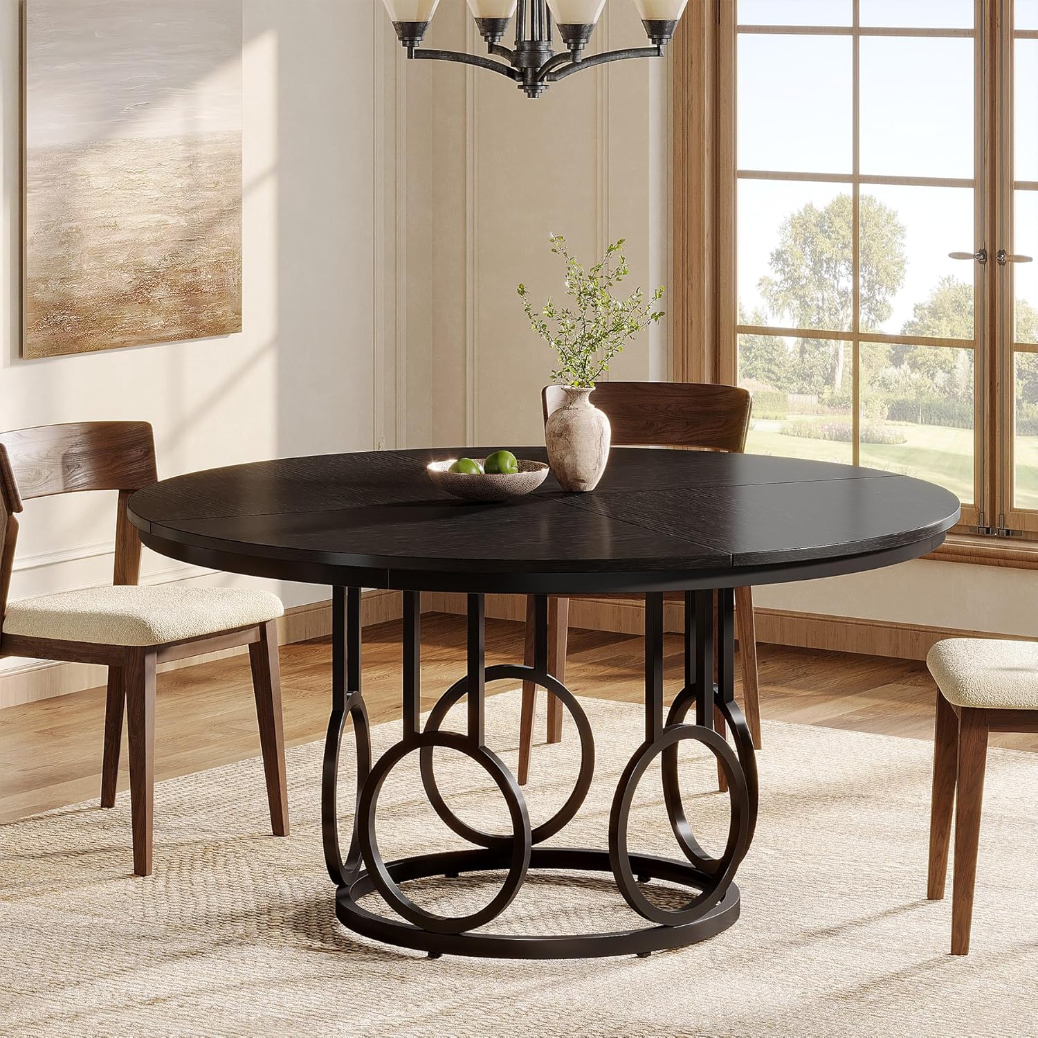 47" Wood Dining Table, Round Kitchen Table for 4-6 People