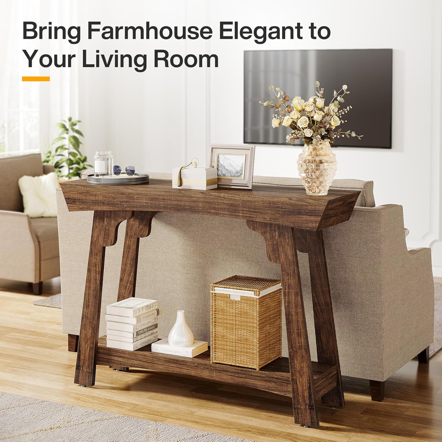 2-Tier Wood Entryway Table with Storage, Farmhouse Narrow Sofa Table