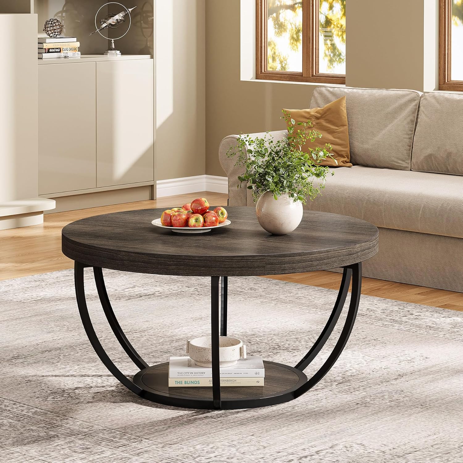 31.69" Round Wooden Coffee Table, 2-Tier Central Cocktail Table with Shelves