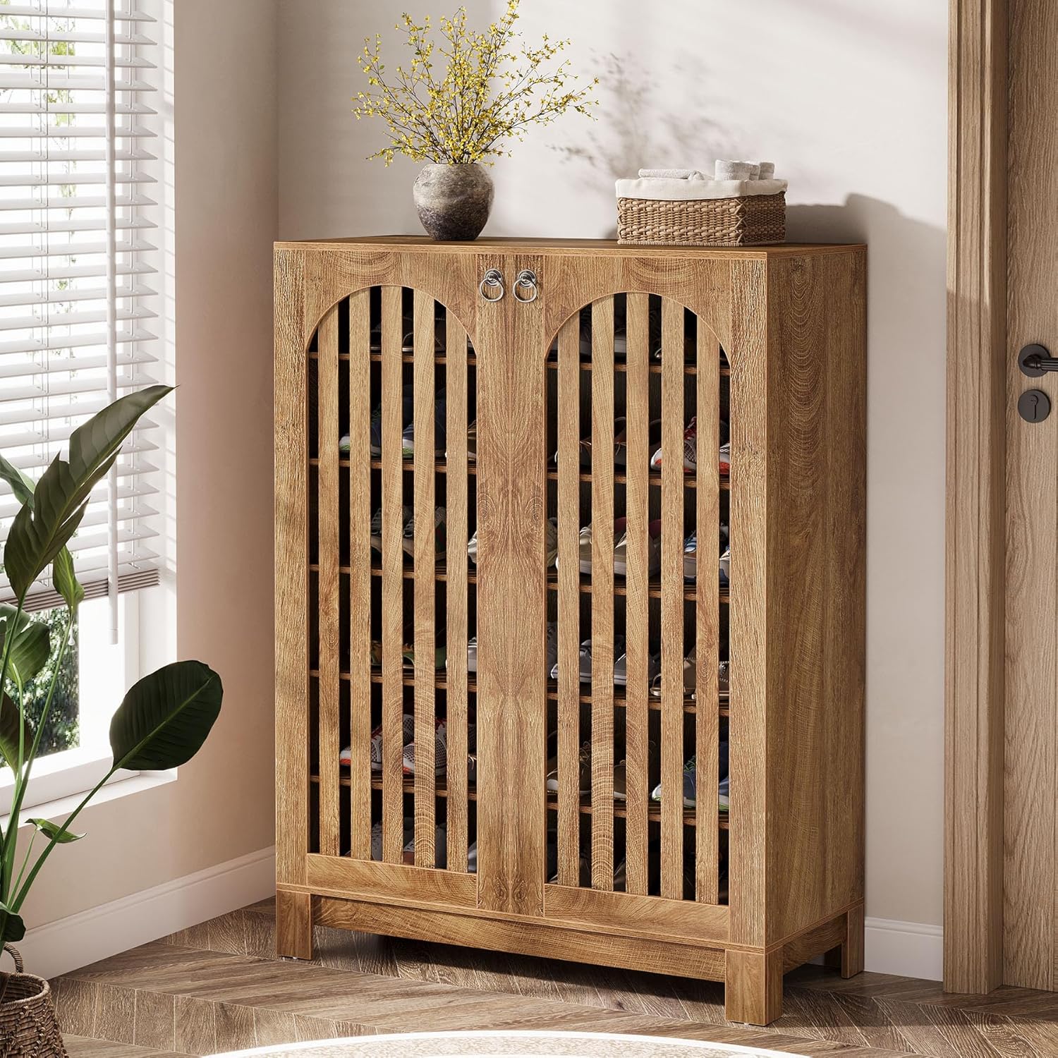 35" 6-Tier Shoe Cabinet, Wooden Shoe Rack with Airy Doors & Adjustable Shelves