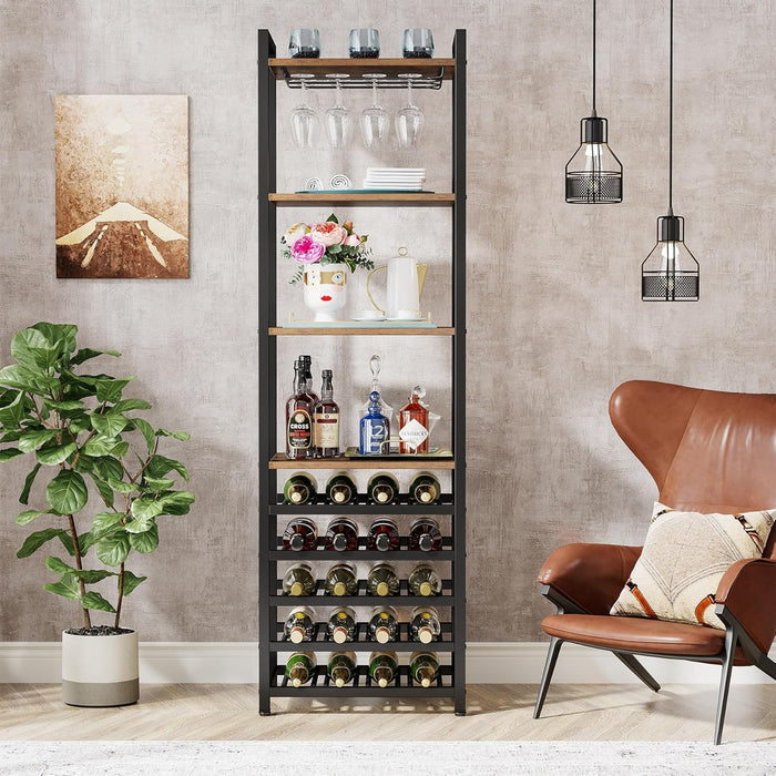 180cm Wine Rack, 9-Tier Industrial Shelves with Glass Holder