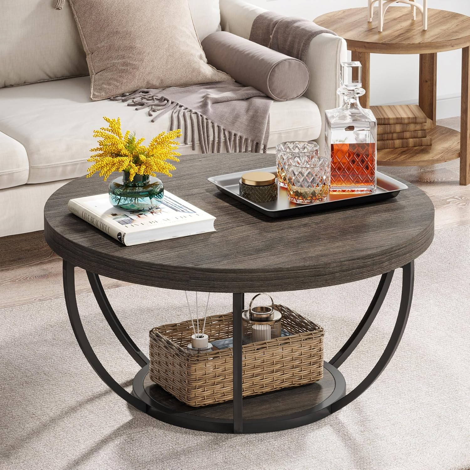 31.69" Round Wooden Coffee Table, 2-Tier Central Cocktail Table with Shelves
