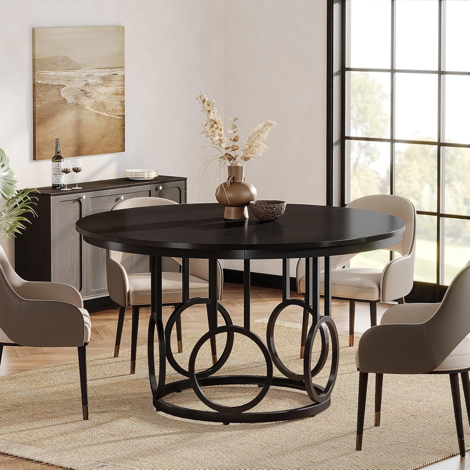 47" Wood Dining Table, Round Kitchen Table for 4-6 People