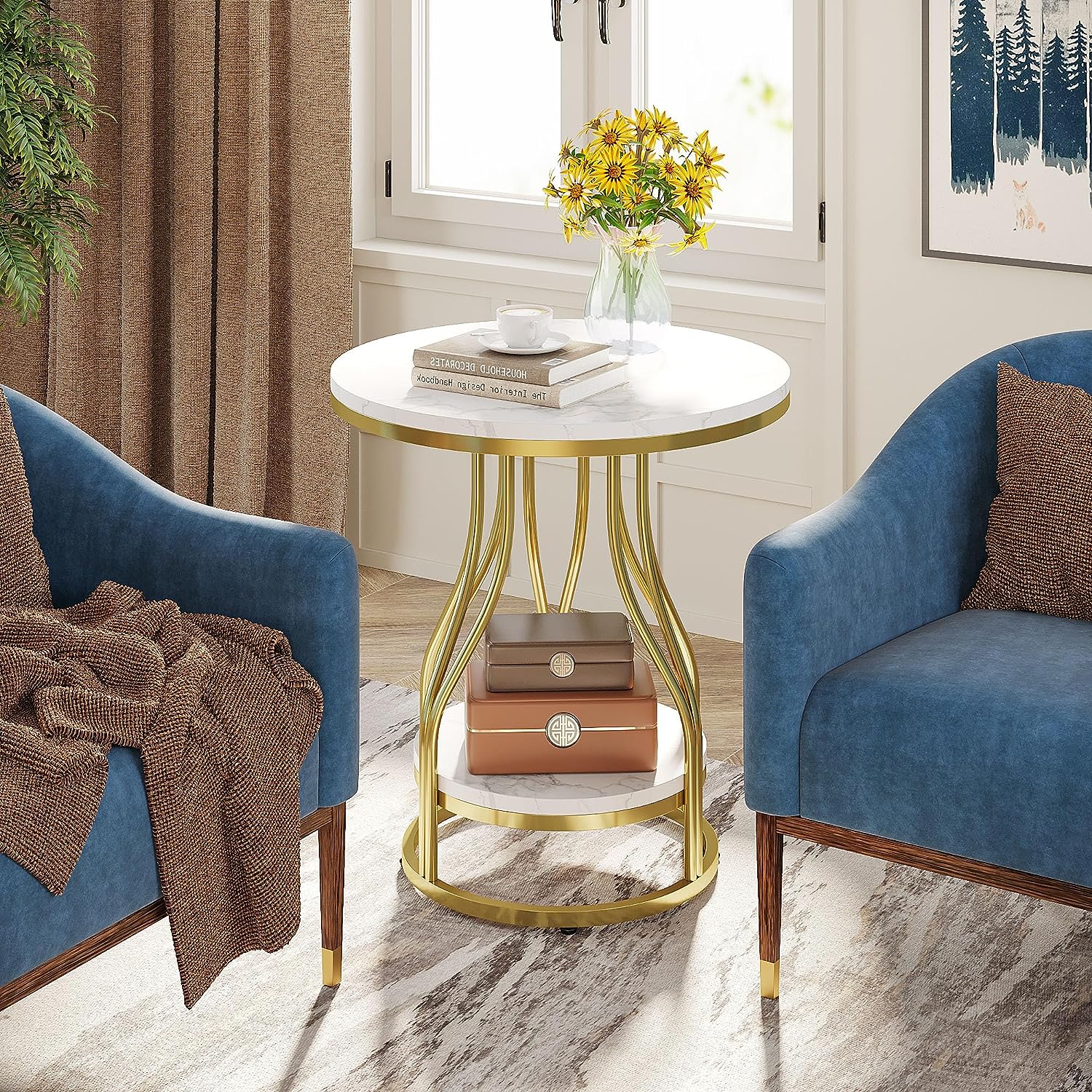 End Table, Round 2-Tier Sofa Side Table with Metal Frame Tribesigns