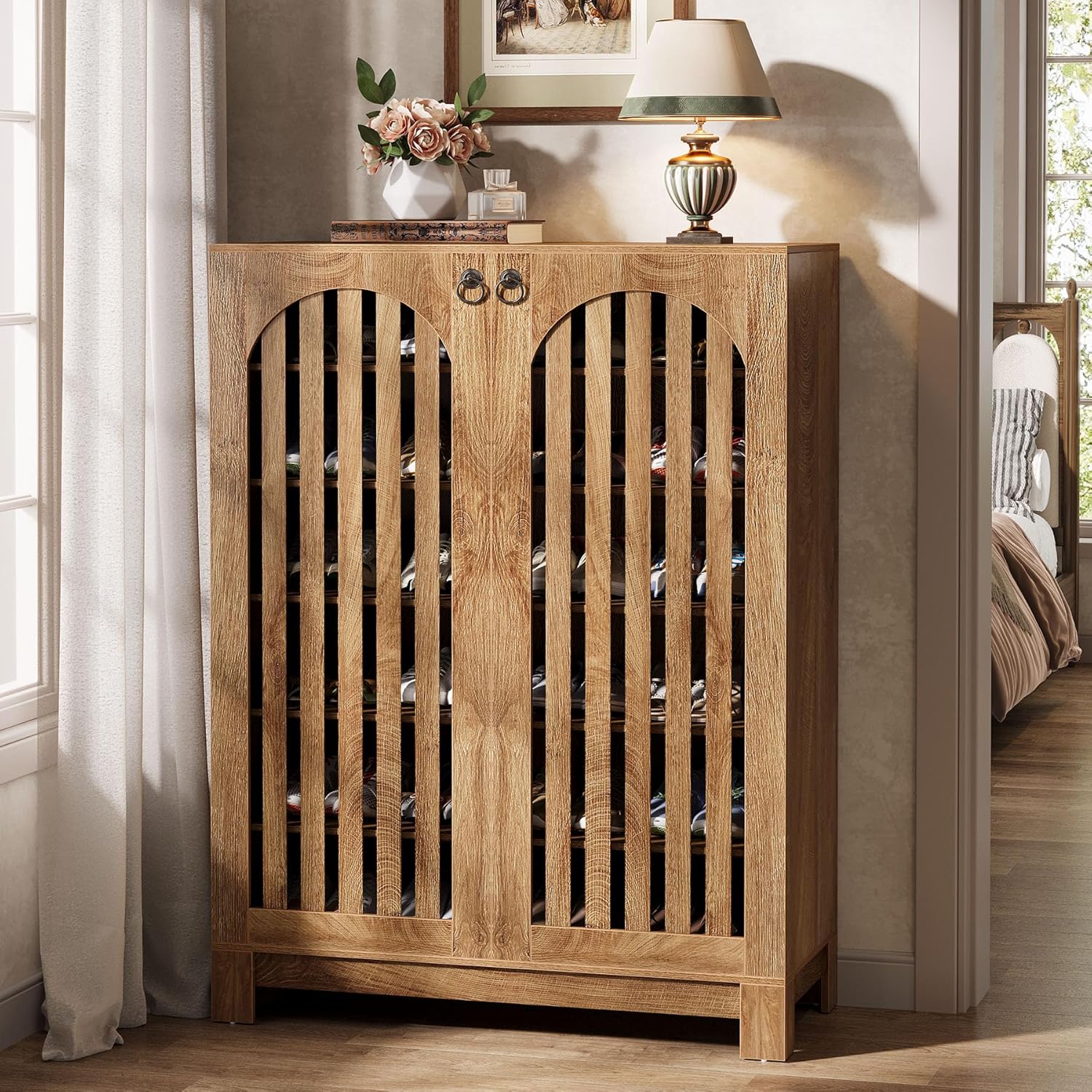 35" 6-Tier Shoe Cabinet, Wooden Shoe Rack with Airy Doors & Adjustable Shelves