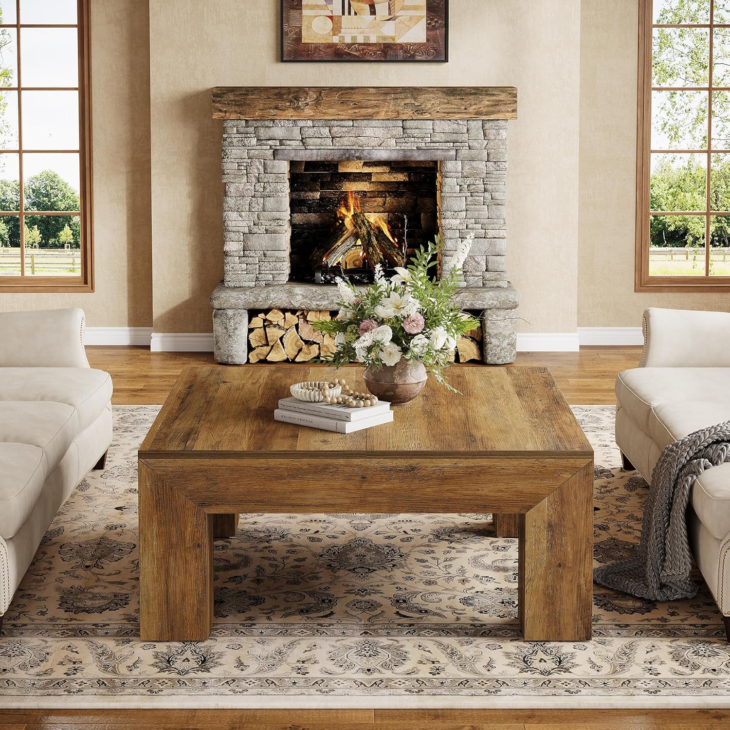 39" Square Farmhouse Coffee Table, Tea Table with Sturdy Wood Legs