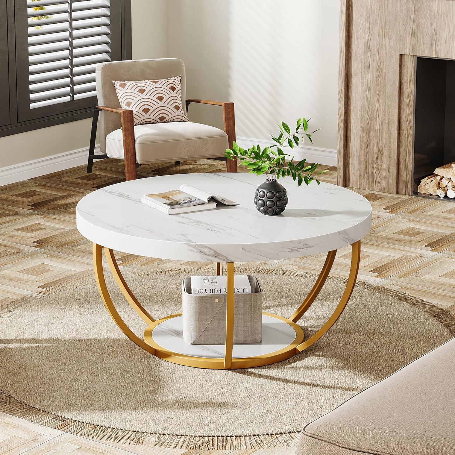 31.69" Round Wooden Coffee Table, 2-Tier Central Cocktail Table with Shelves