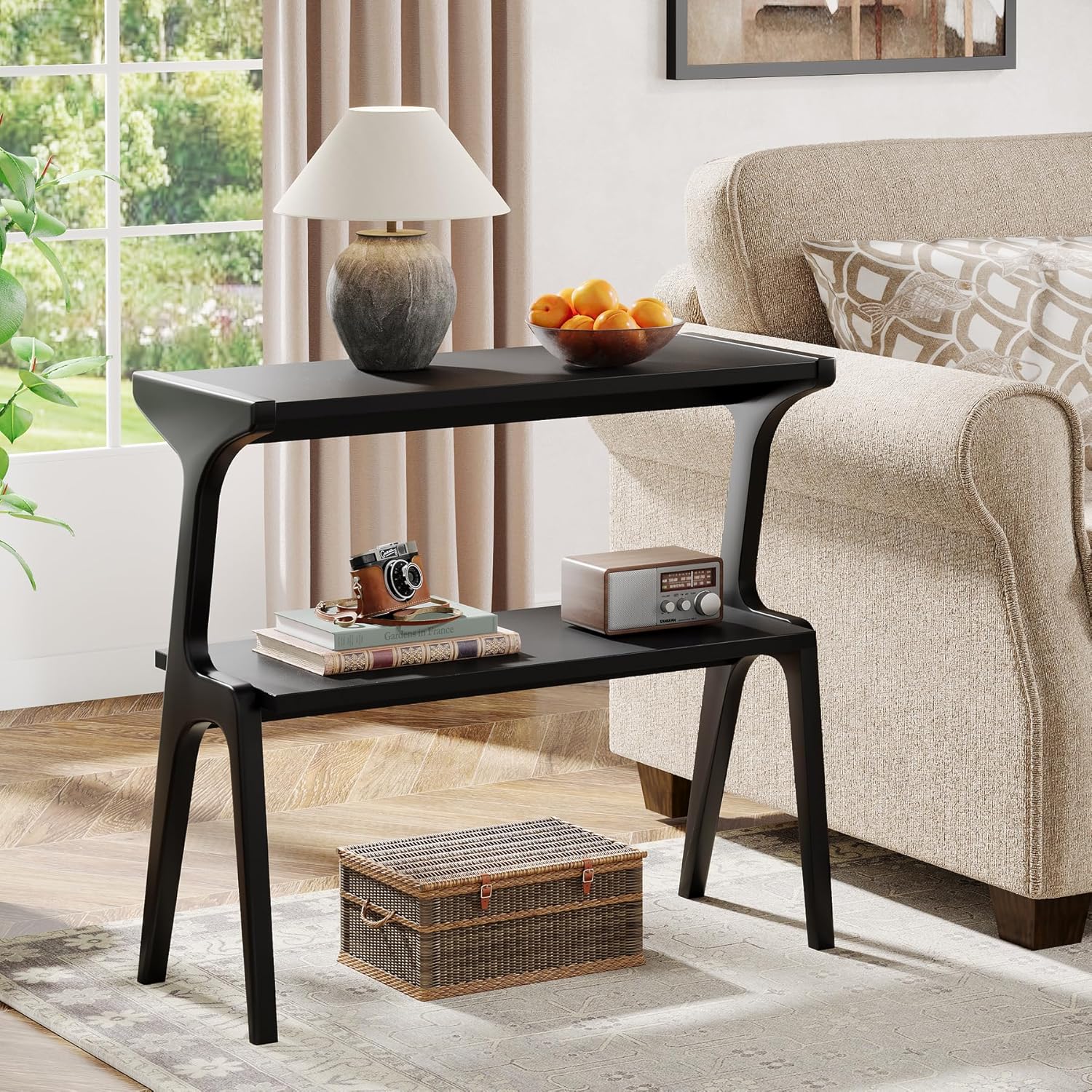 27.5" 2-Tier End Table, Slim Sofa Side Table with Storage Shelf