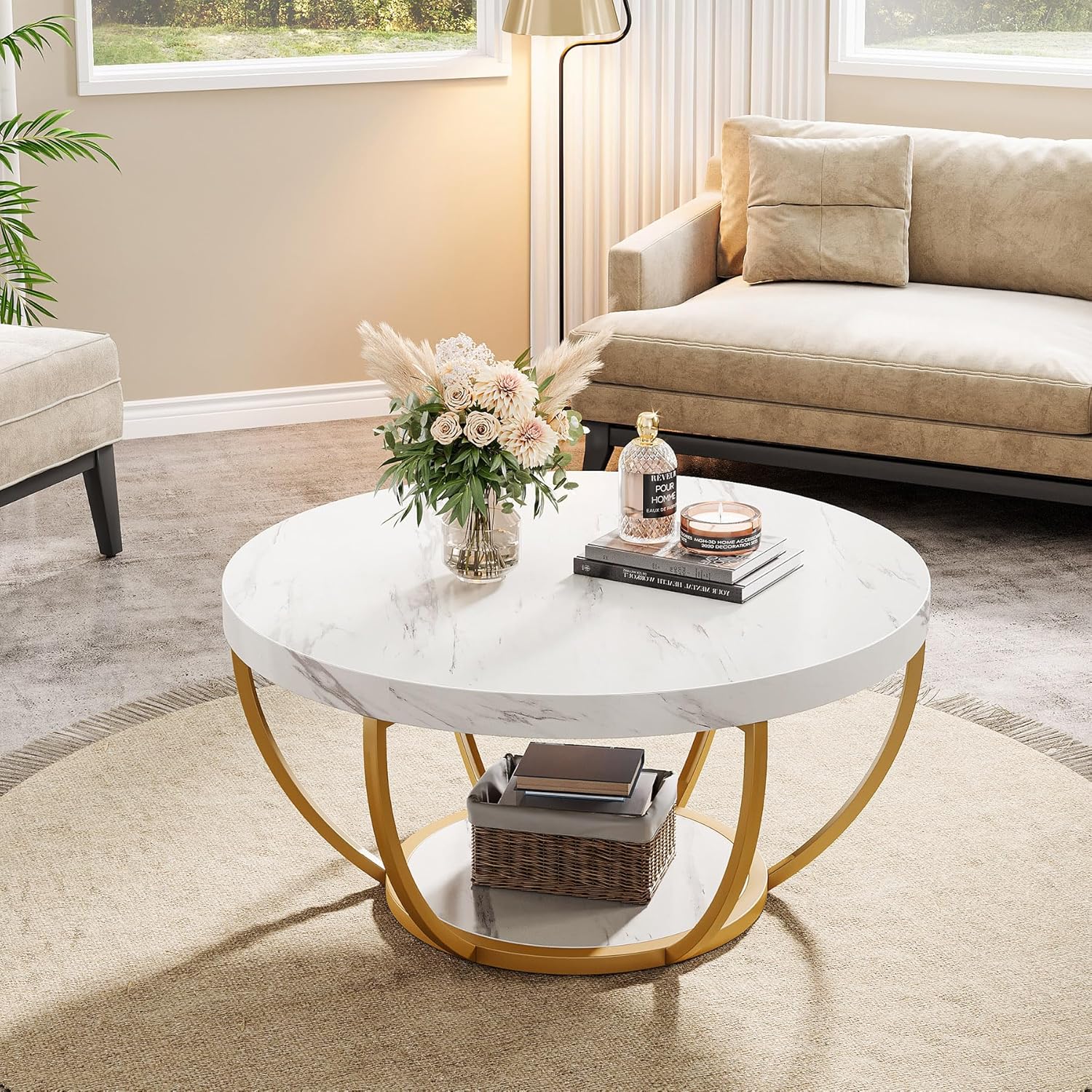 31.69" Round Wooden Coffee Table, 2-Tier Central Cocktail Table with Shelves