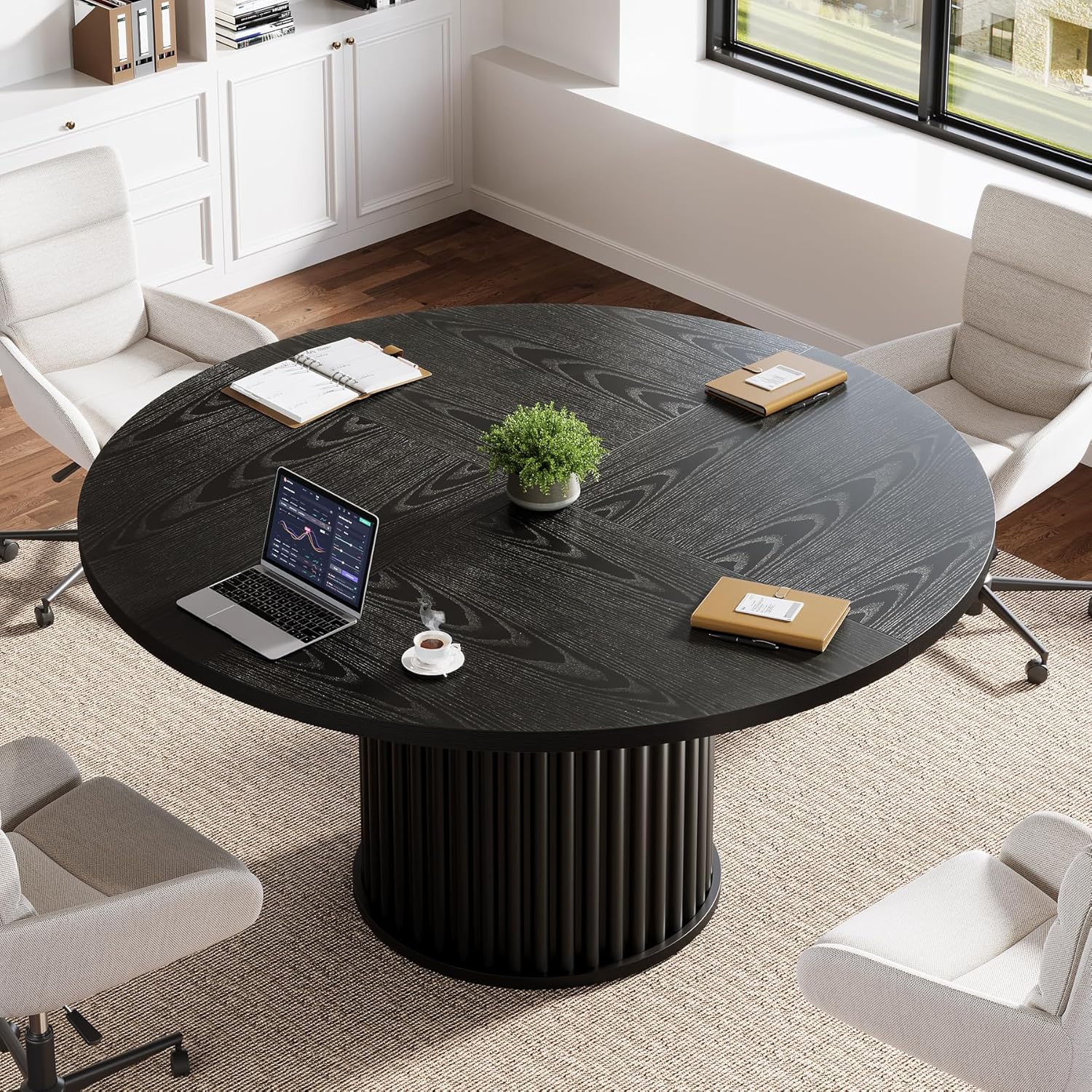 47" Round Conference Table for 4–6 People, Meeting Table with Sturdy Metal Base