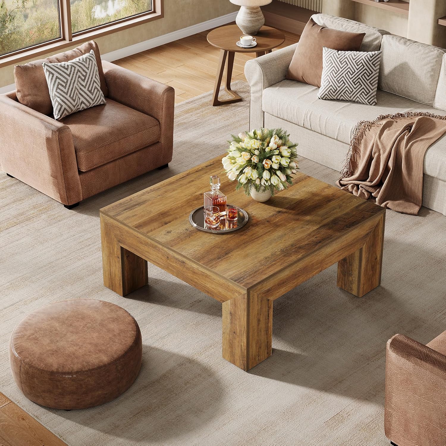 39" Square Farmhouse Coffee Table, Tea Table with Sturdy Wood Legs