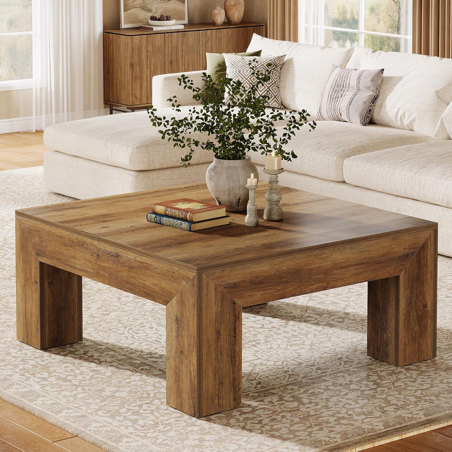 39" Square Farmhouse Coffee Table, Tea Table with Sturdy Wood Legs