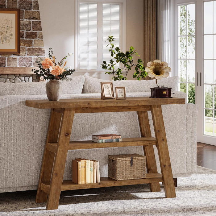 120cm Console Table, 3-Tier Solid Wood Farmhouse Entryway Table