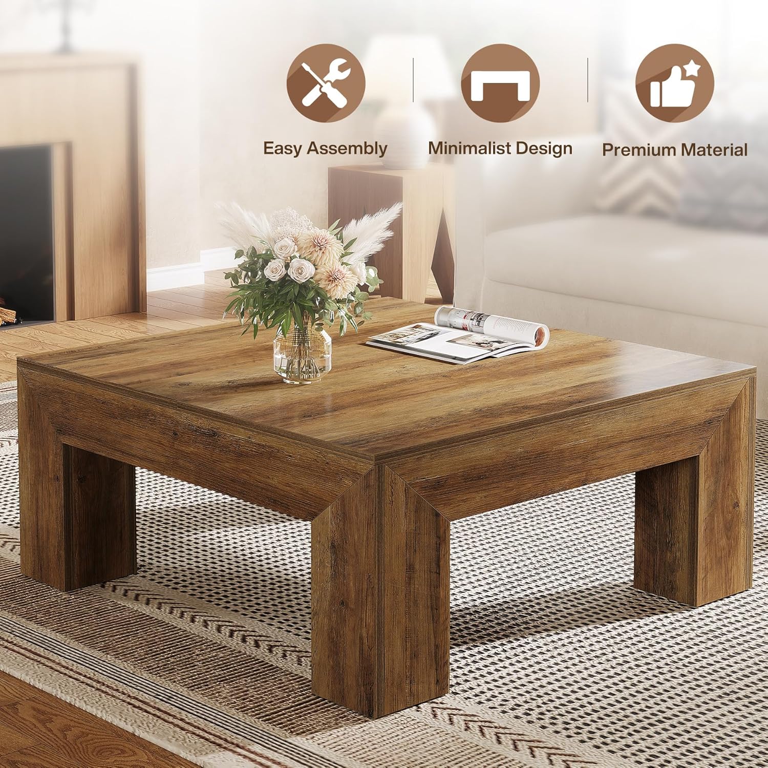 39" Square Farmhouse Coffee Table, Tea Table with Sturdy Wood Legs