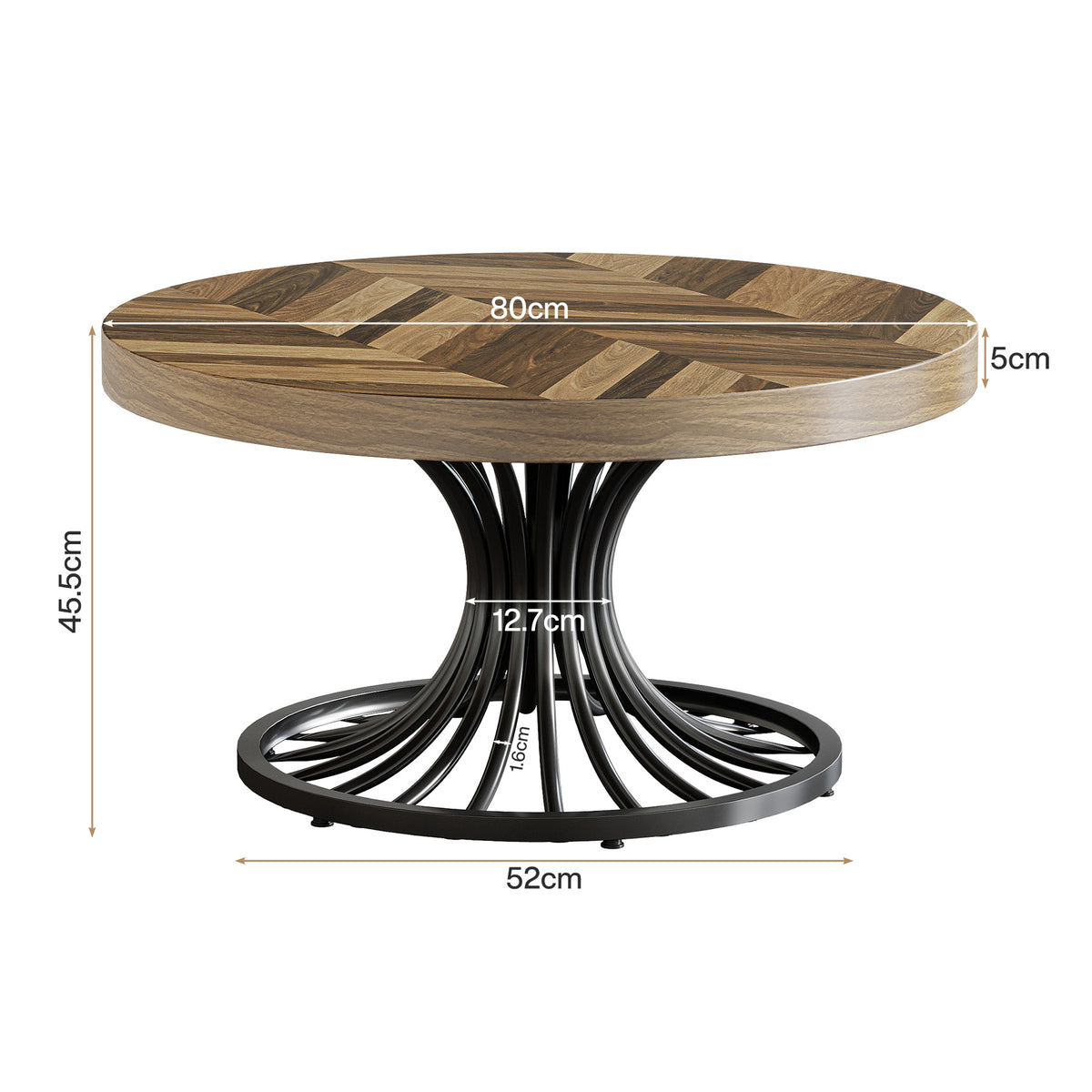 79cm Round Coffee Table, Rustic Wood Top with Metal Base for Living Room