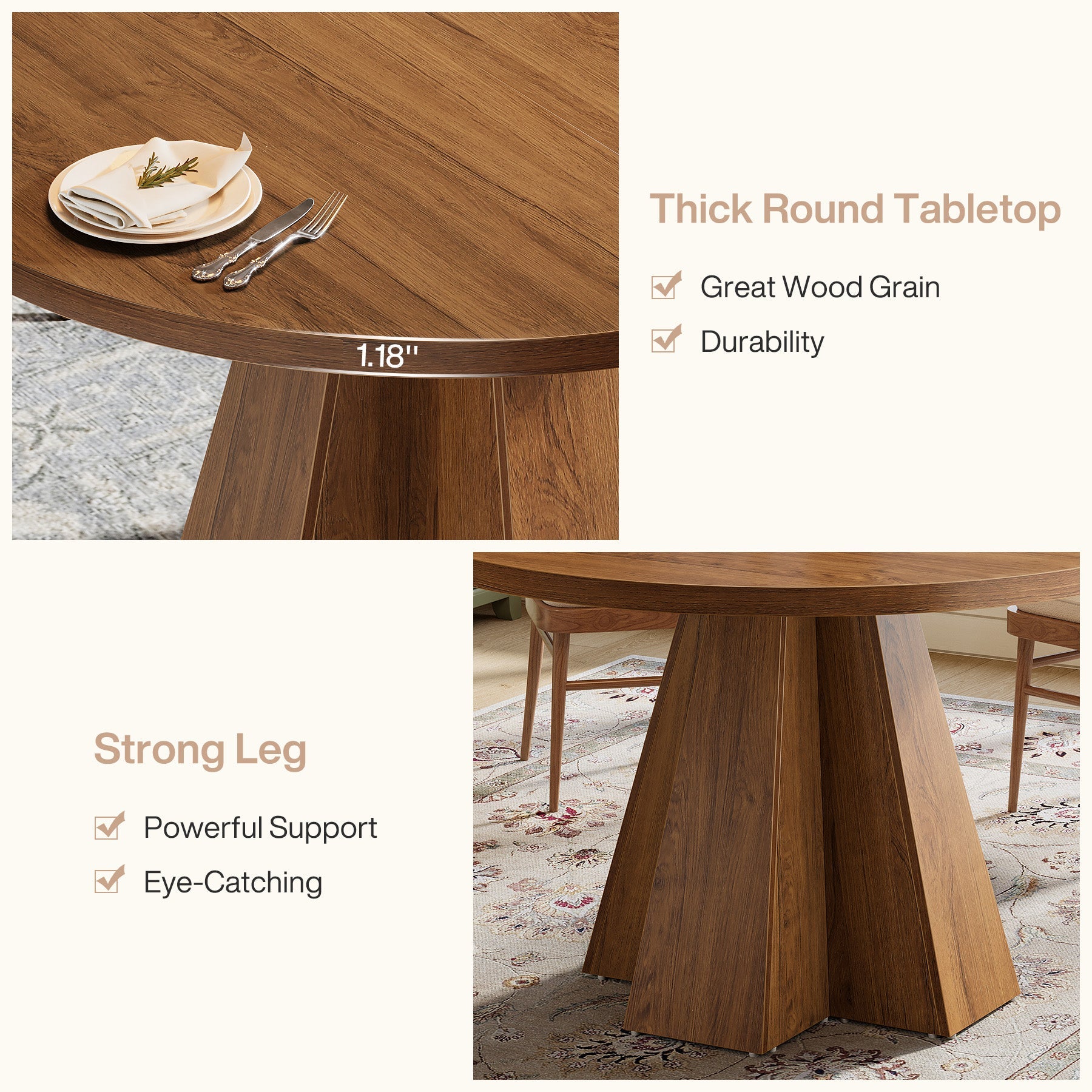 46.5" Round Dining Table for 4, Circle Kitchen Table with Pedestal Base