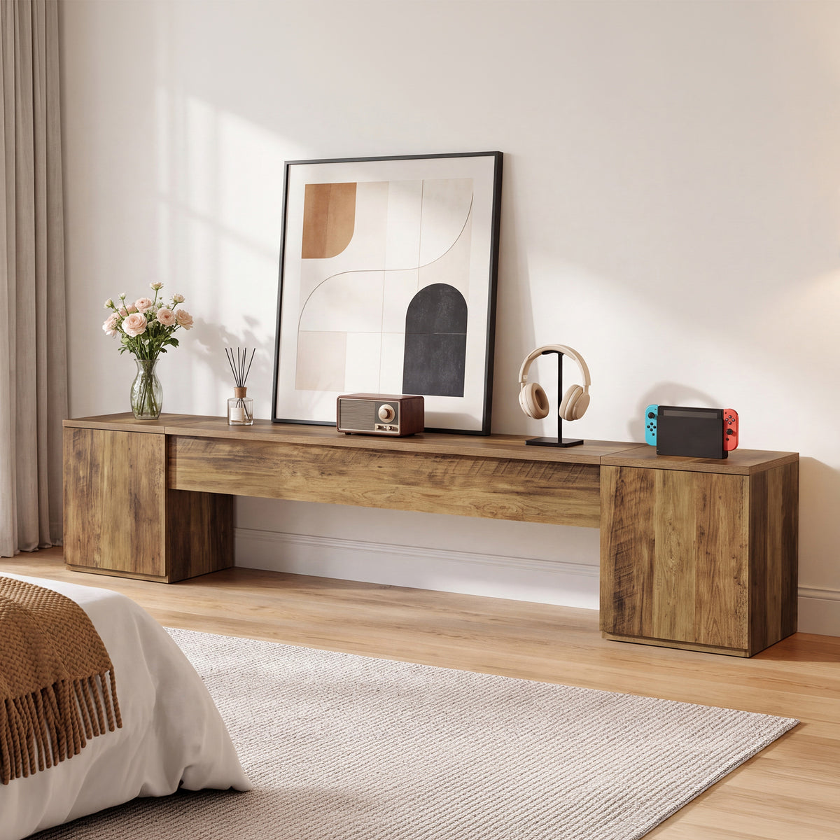 221cm TV Stand, Extra Long Entertainment Centre with 2 Storage Cabinets for up to 95" TVs