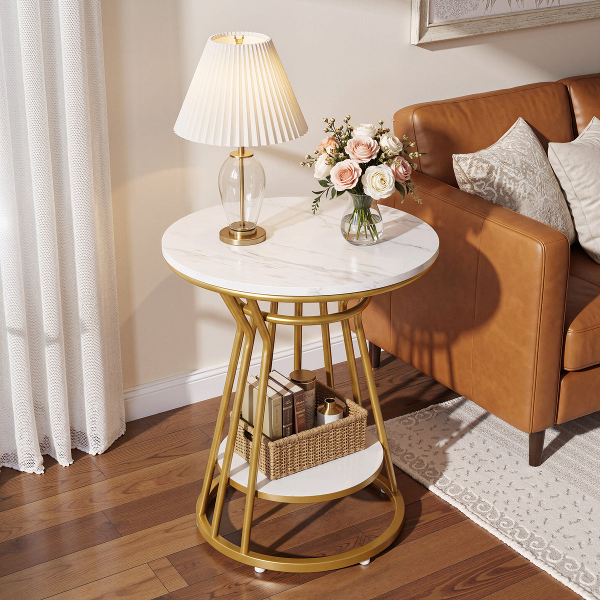 45cm Round End Table, 2-Tier Accent Side Table with Faux Marble Veneer & Metal Frame