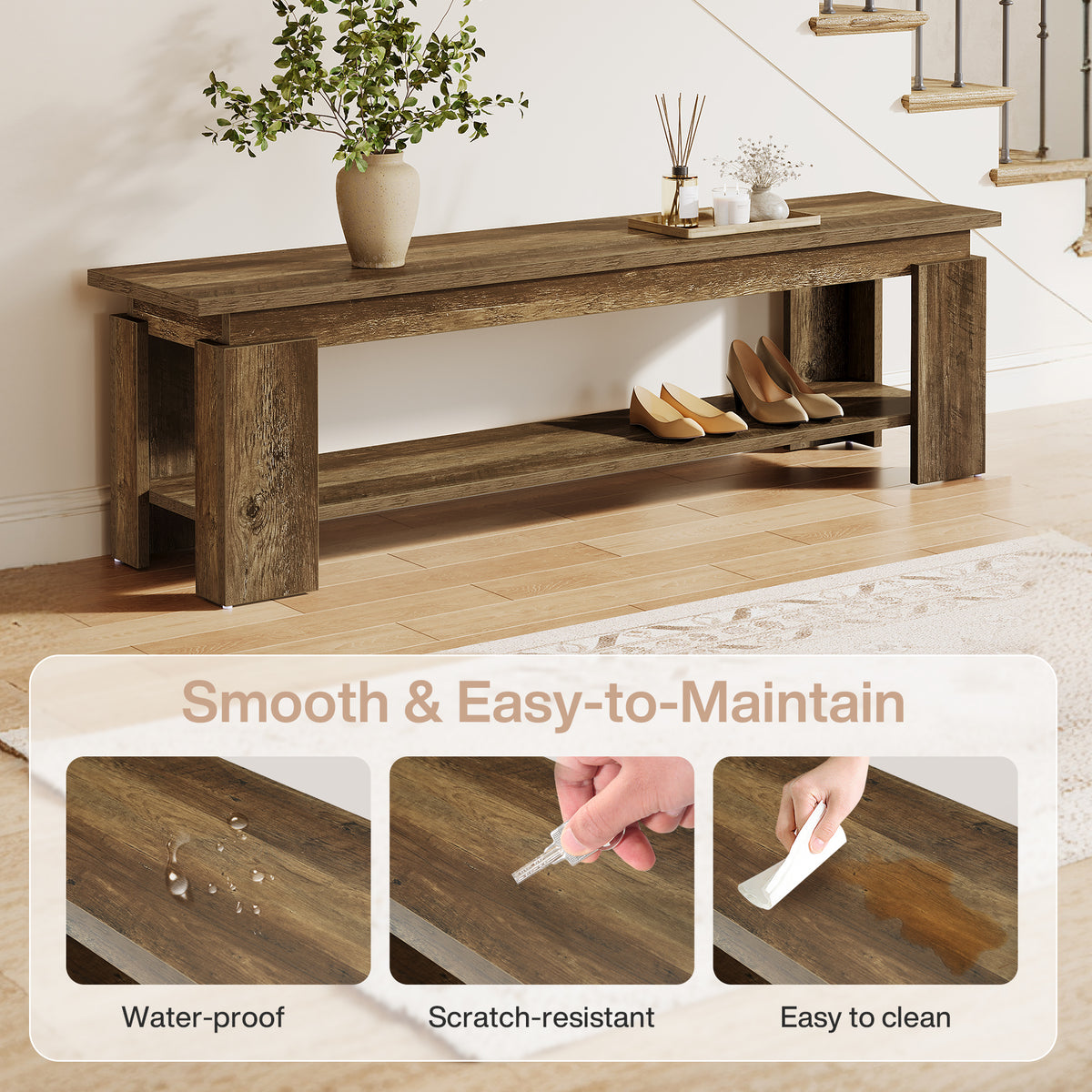 Tribesigns 160cm Entryway Bench, Farmhouse Shoe Bench with Storage Shelf