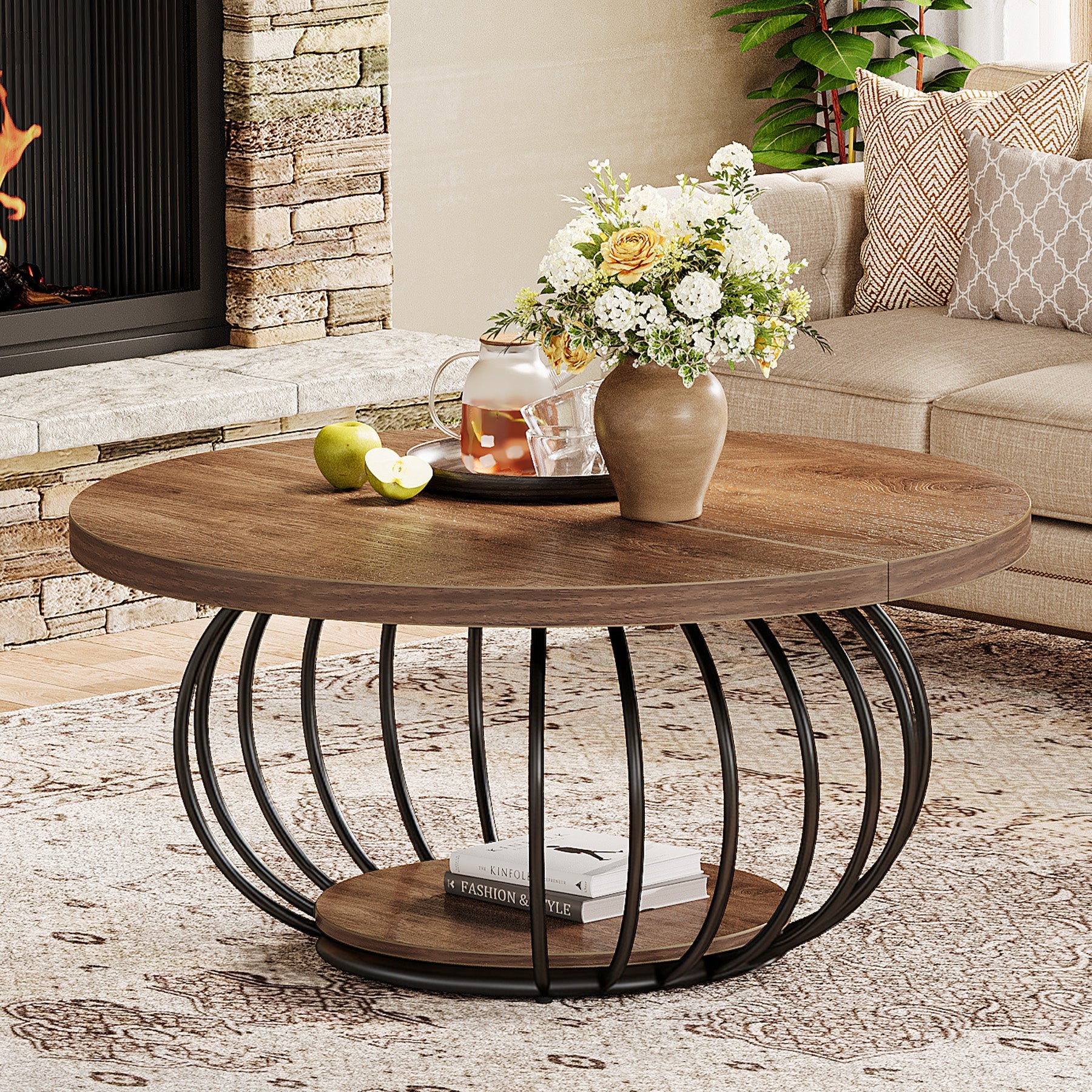 39" Round Coffee Table - 2-Tier Industrial Cocktail Table with Metal Frame, Rustic Brown & Black