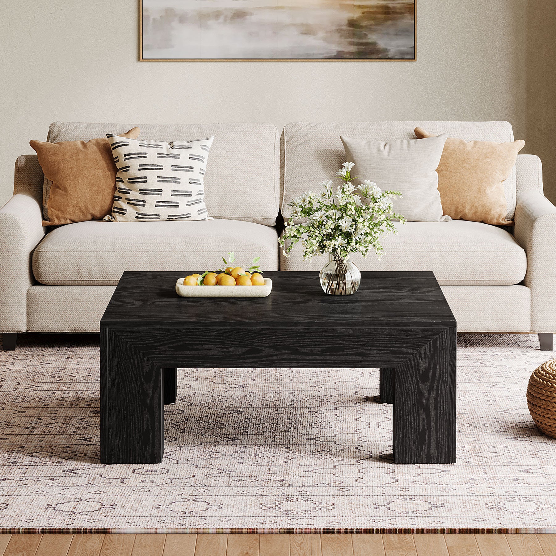 39" Square Farmhouse Coffee Table, Tea Table with Sturdy Wood Legs