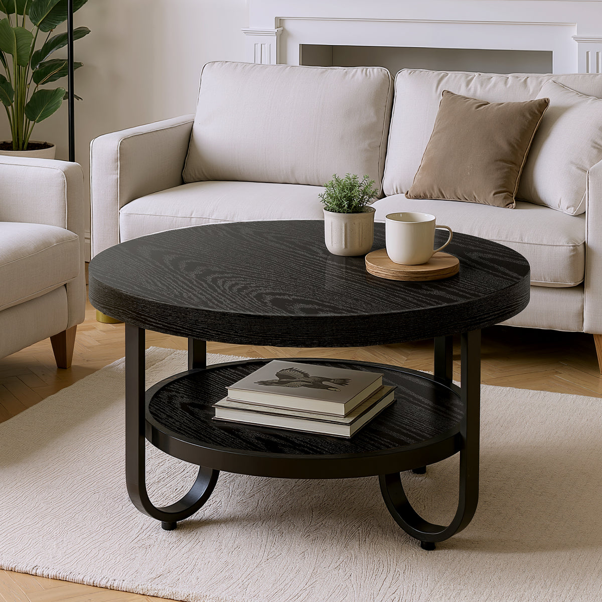2-Tier Round Coffee Table with Storage, 31.5-Inch Center Cocktail Table