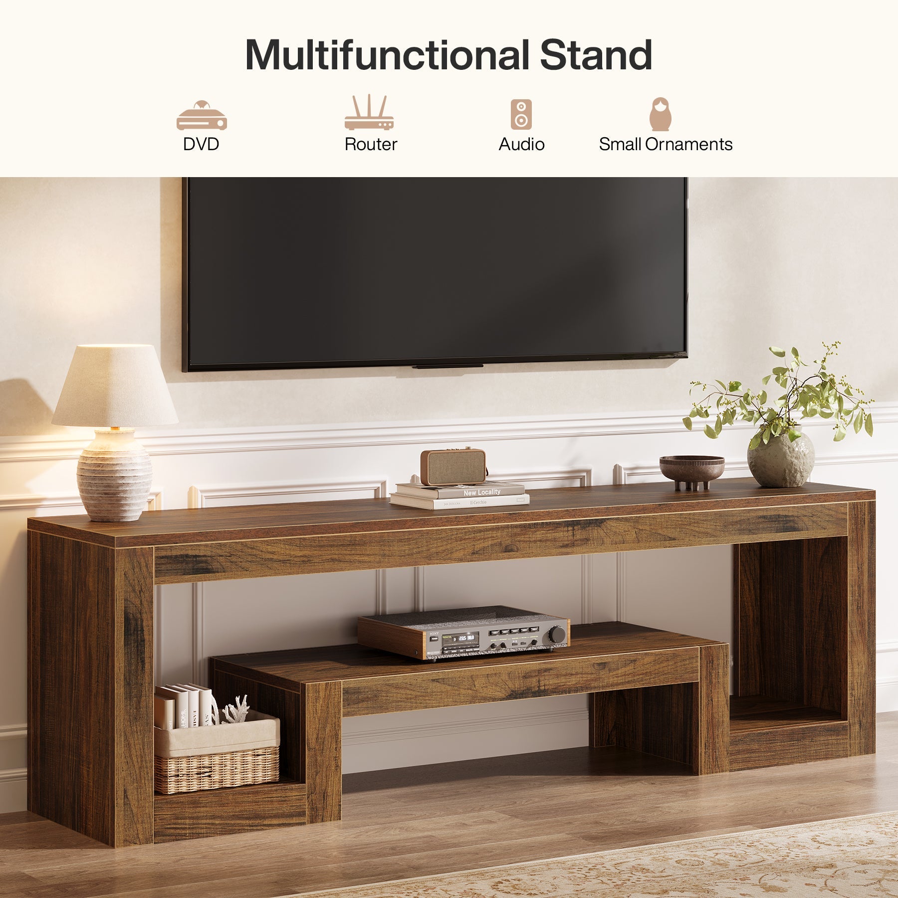 63” TV Stand, Farmhouse Entertainment Center with Open Storage Shelves for Living Room